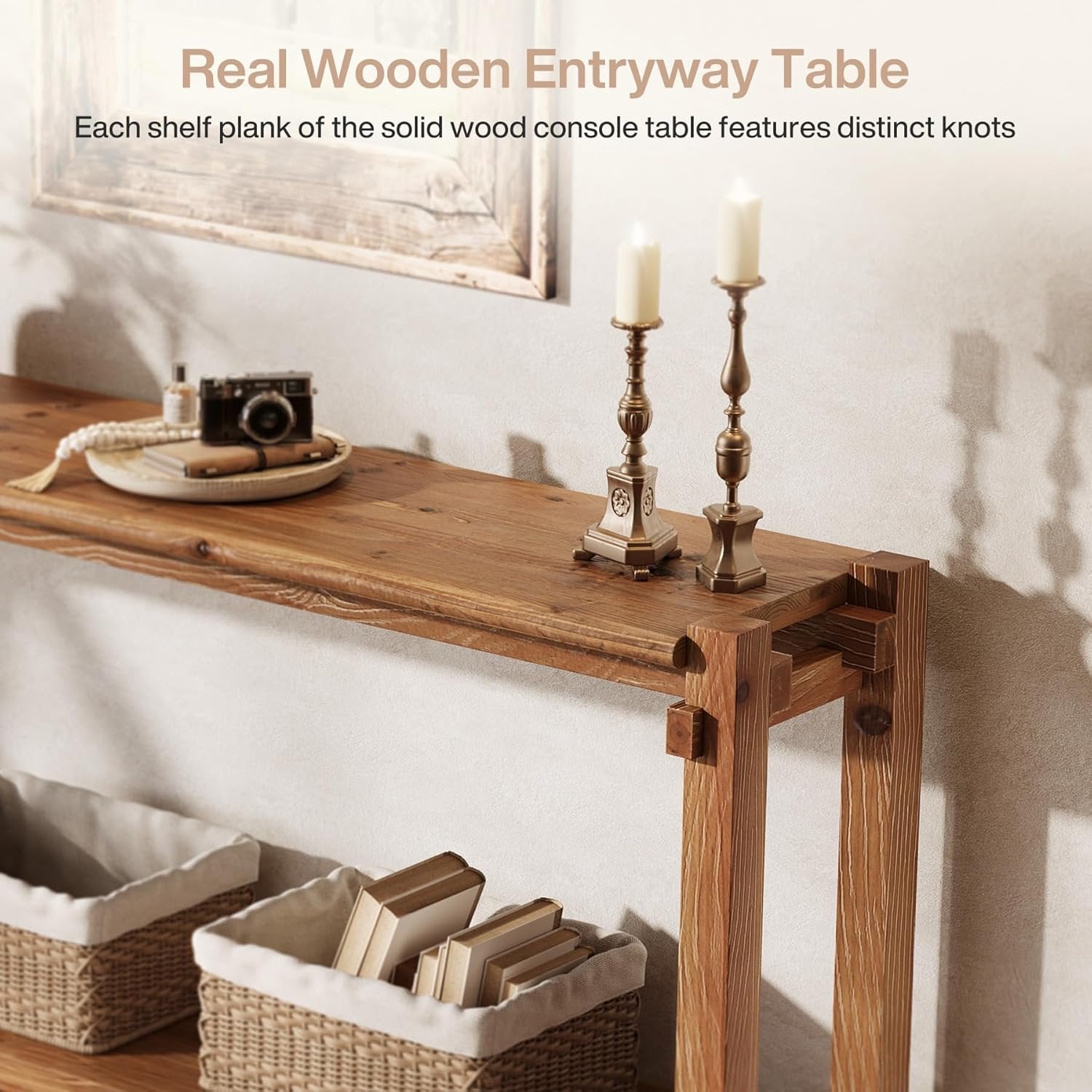 150 cm Landelijke Consoletafel met 2 Lagen en Opbergruimte, Houten Achter Bank Tafel voor Woonkamer en Hal