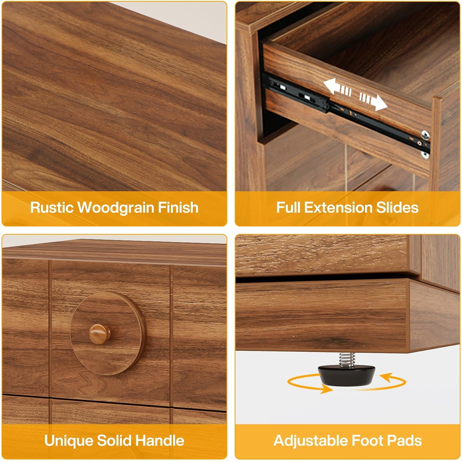 Bedside Tafel, Retro Nachtkastje met 3 Opberglades en Houten Afwerking