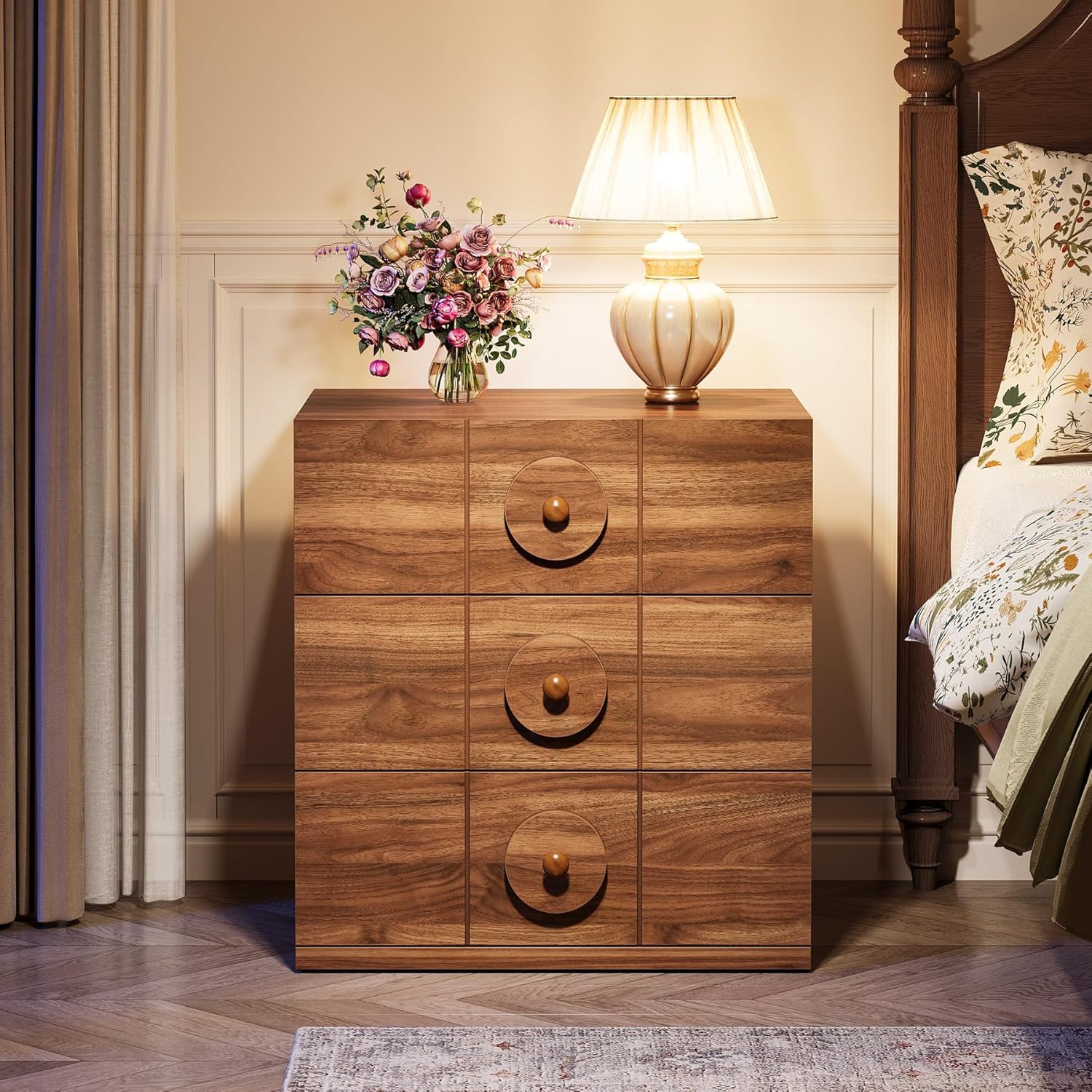 Bedside Tafel, Retro Nachtkastje met 3 Opberglades en Houten Afwerking