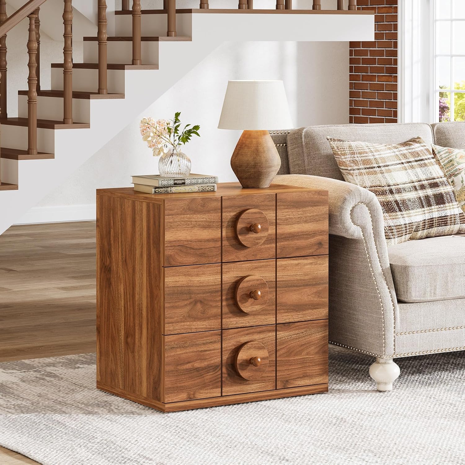 Bedside Tafel, Retro Nachtkastje met 3 Opberglades en Houten Afwerking