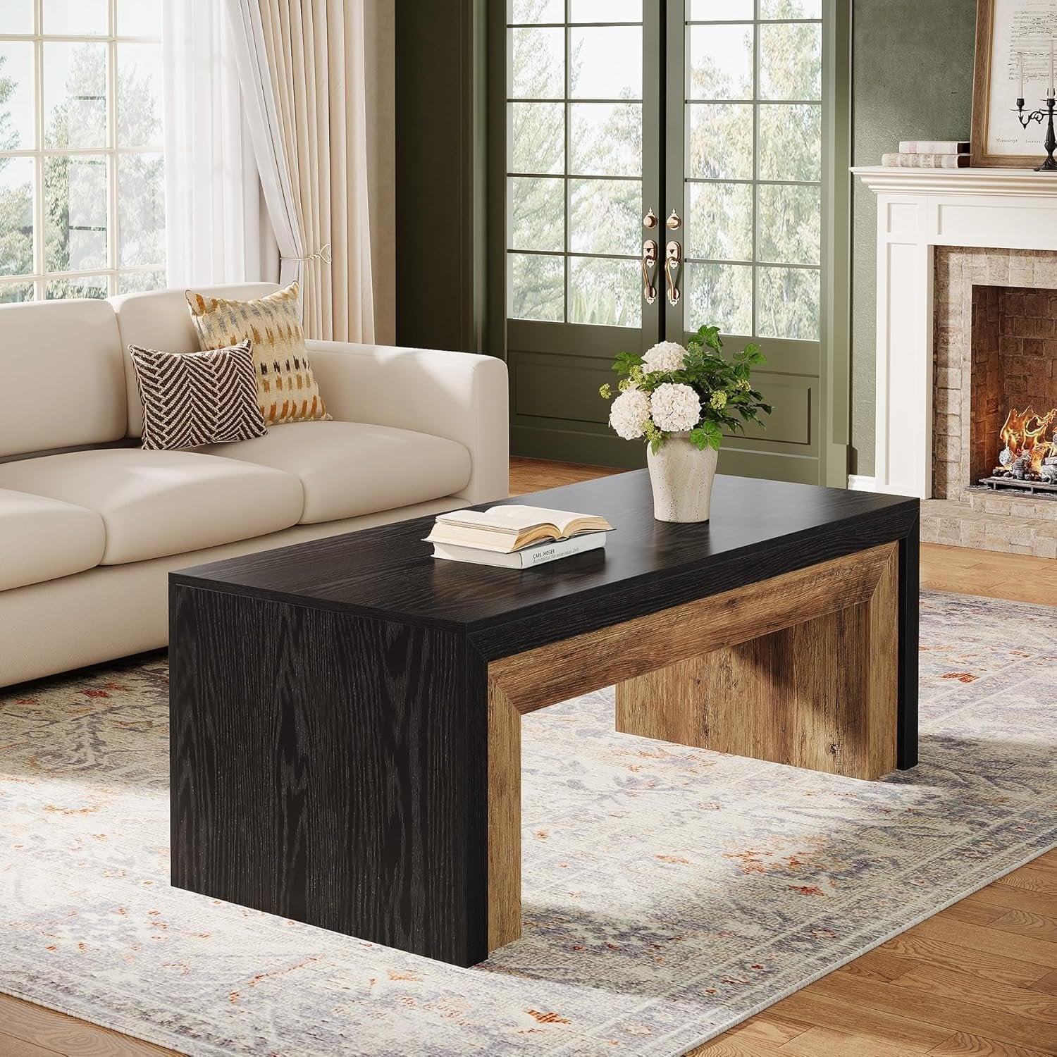 120 cm Farmhouse Salontafel in Zwart en Walnoot, Grote Rechthoekige Center Table met Stevige Basis