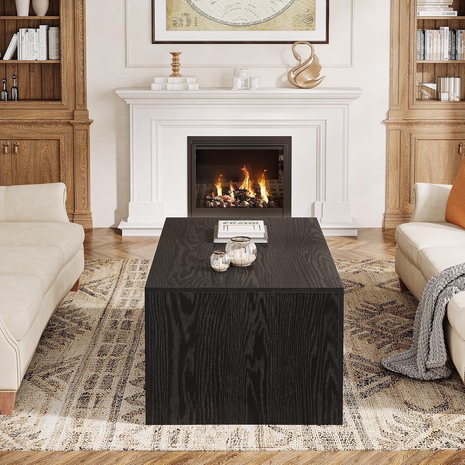 120 cm Farmhouse Salontafel in Zwart en Walnoot, Grote Rechthoekige Center Table met Stevige Basis