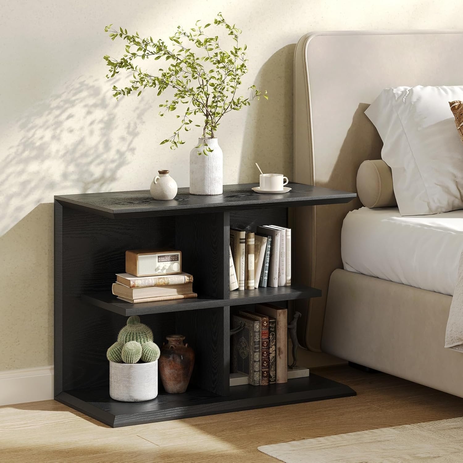 80 cm Drieplanken Bijzettafel, Moderne Nachtkast met Opbergruimte voor Slaapkamer