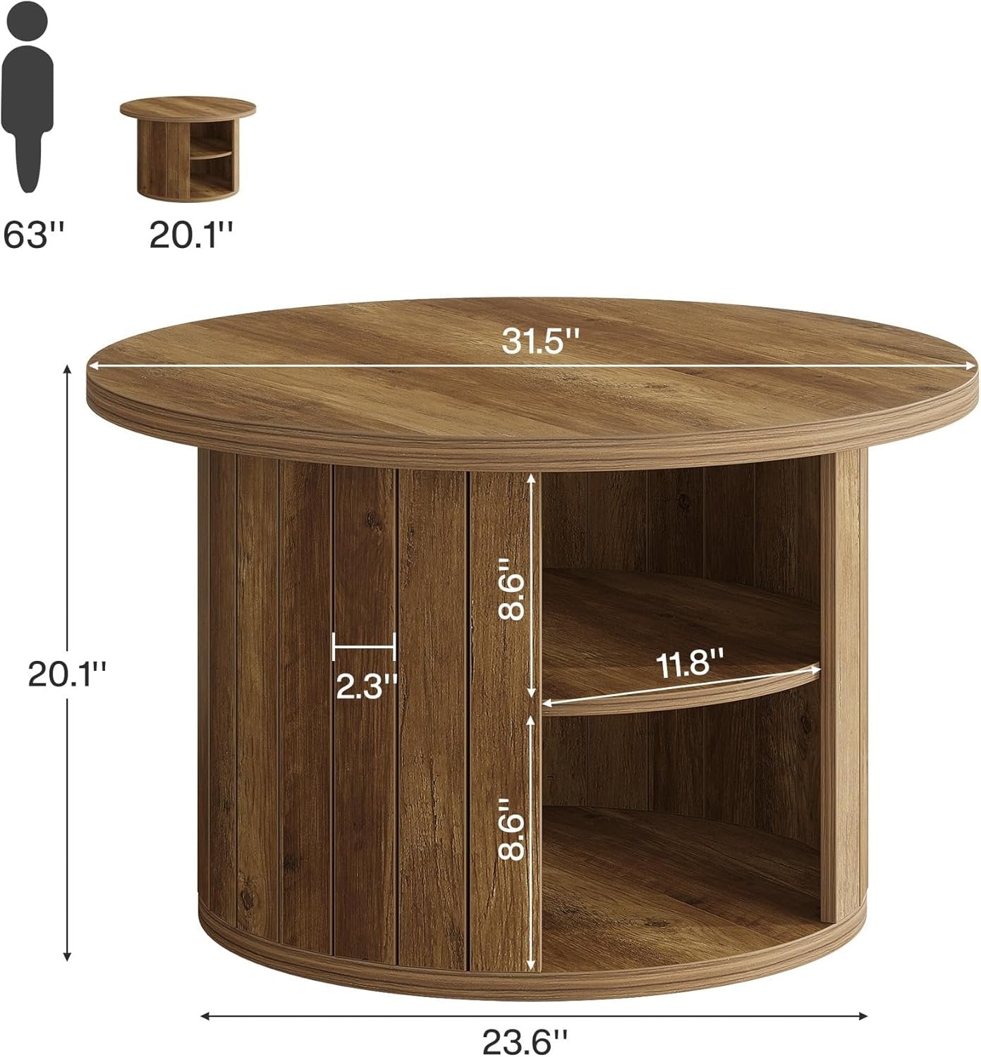 Tribesigns Ronde Salontafel met Opslag, 80 cm Kleine Cirkeltafel voor Woonkamer in Rustiek Bruin
