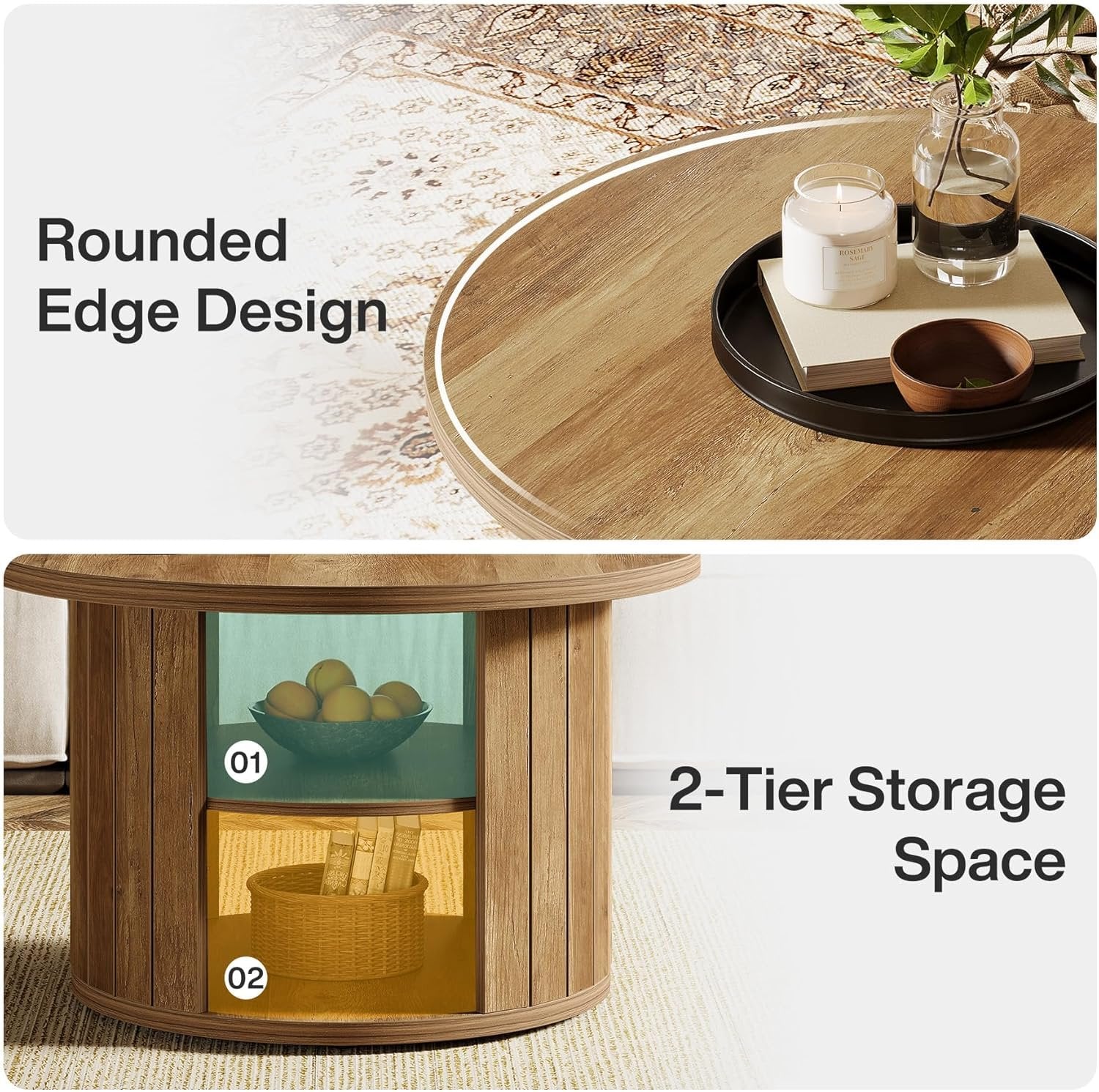 Tribesigns Ronde Salontafel met Opslag, 80 cm Kleine Cirkeltafel voor Woonkamer in Rustiek Bruin