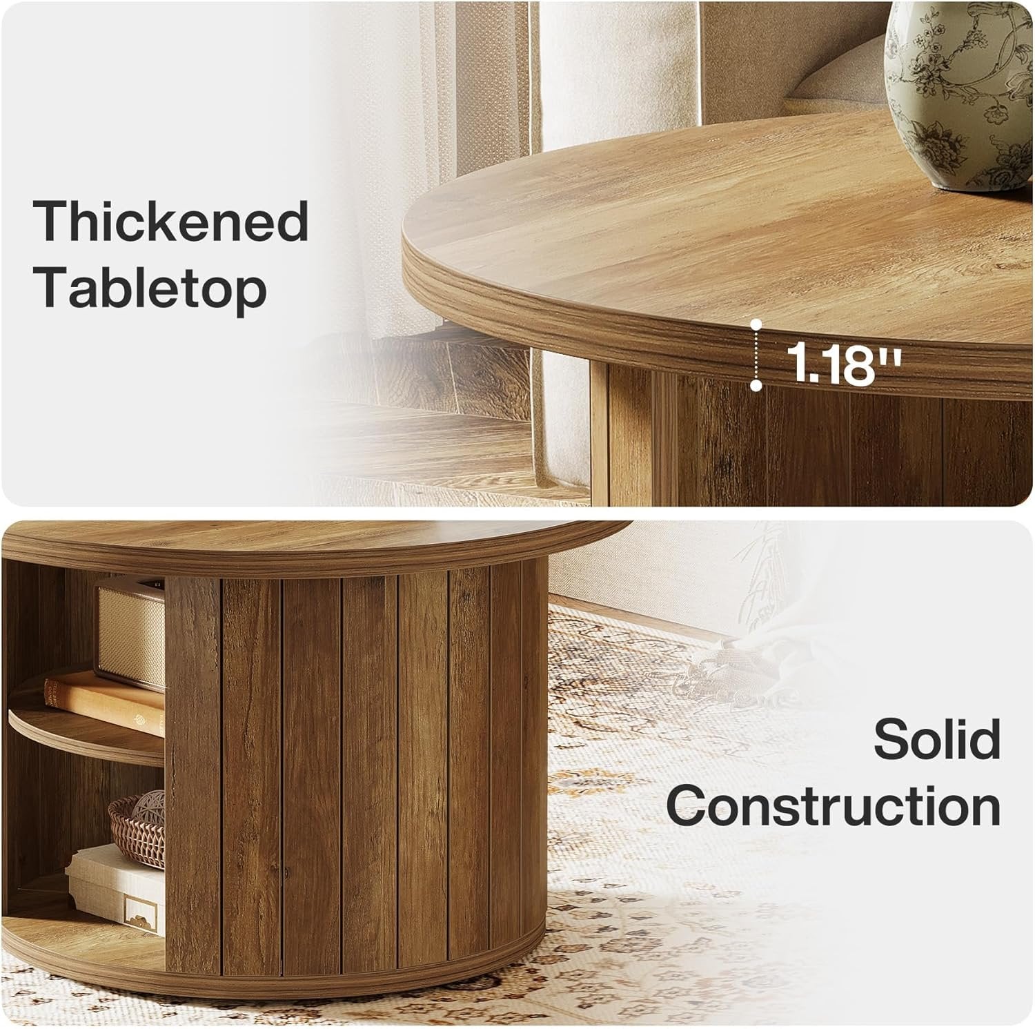 Tribesigns Ronde Salontafel met Opslag, 80 cm Kleine Cirkeltafel voor Woonkamer in Rustiek Bruin