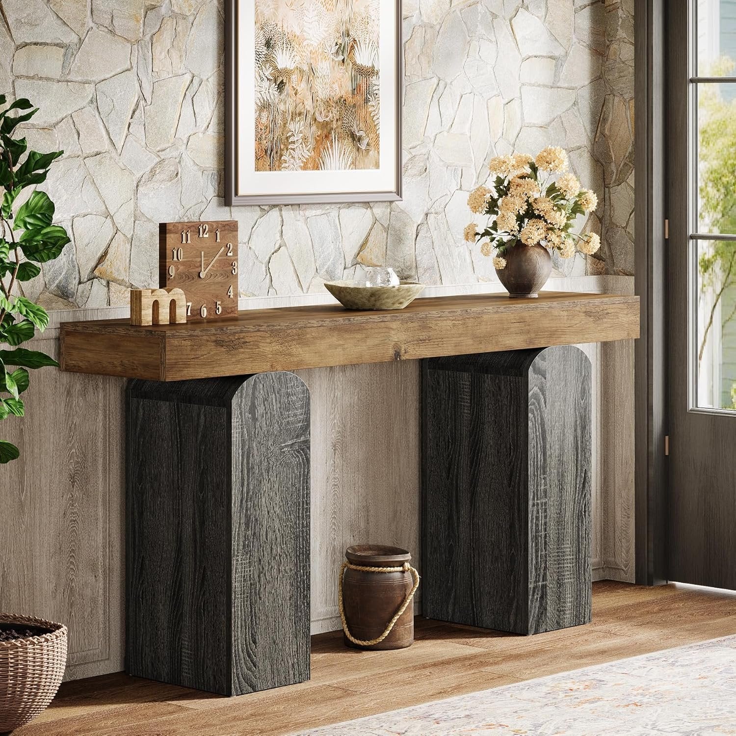 160 cm Landelijke Consoletafel met 2 Gebogen Tafelpoten, Houten Achterbanktafel voor Entree en Woonkamer