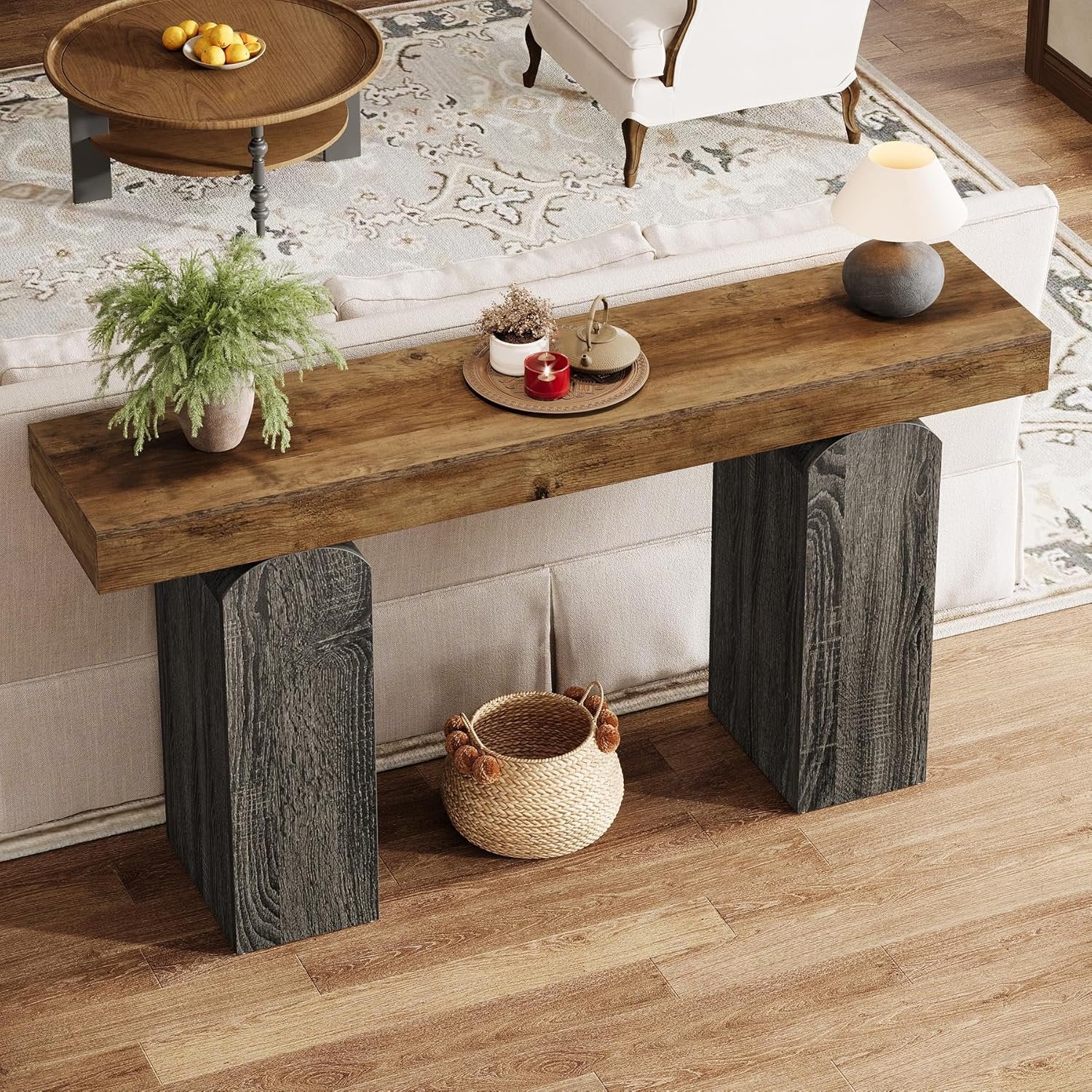 160 cm Landelijke Consoletafel met 2 Gebogen Tafelpoten, Houten Achterbanktafel voor Entree en Woonkamer