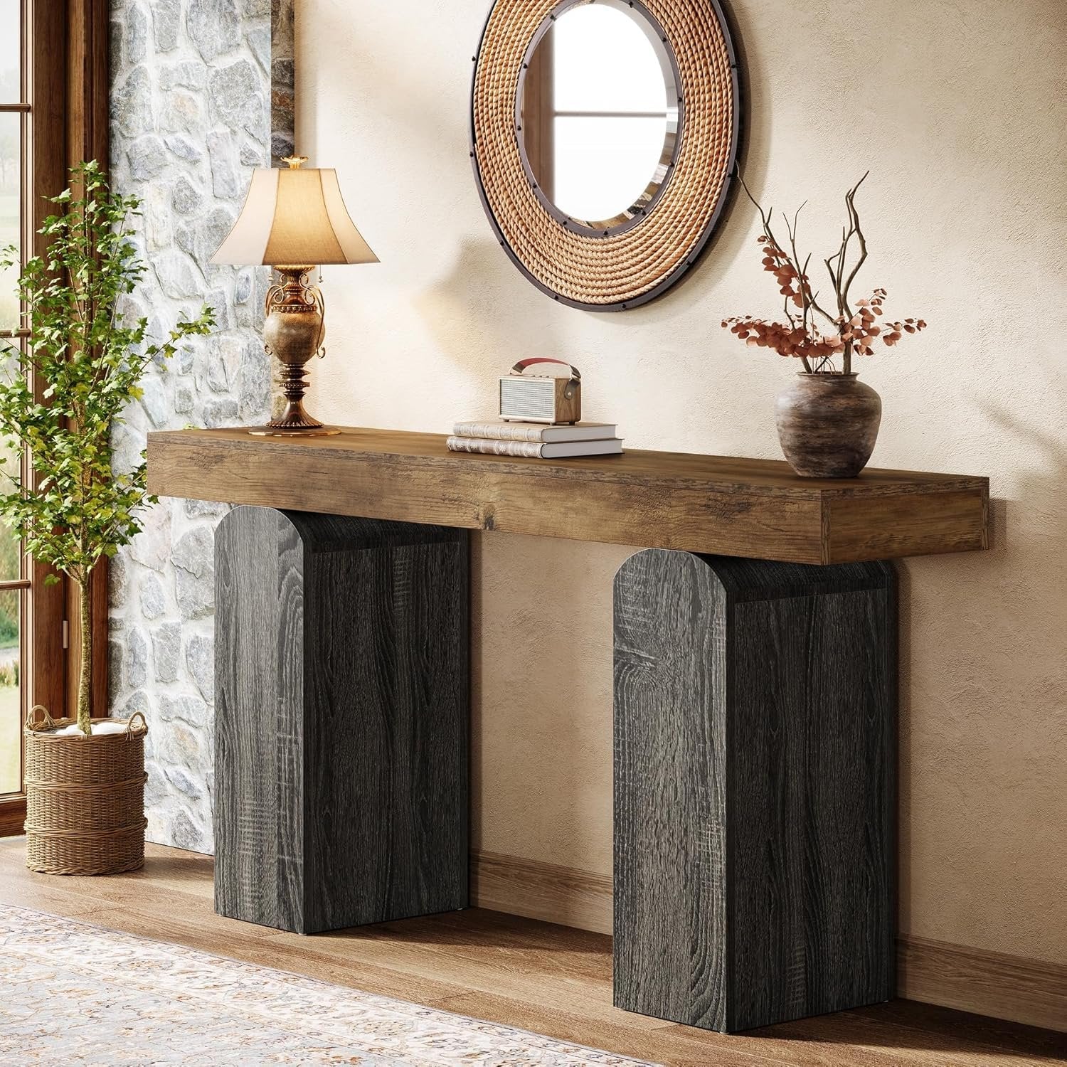 160 cm Landelijke Consoletafel met 2 Gebogen Tafelpoten, Houten Achterbanktafel voor Entree en Woonkamer