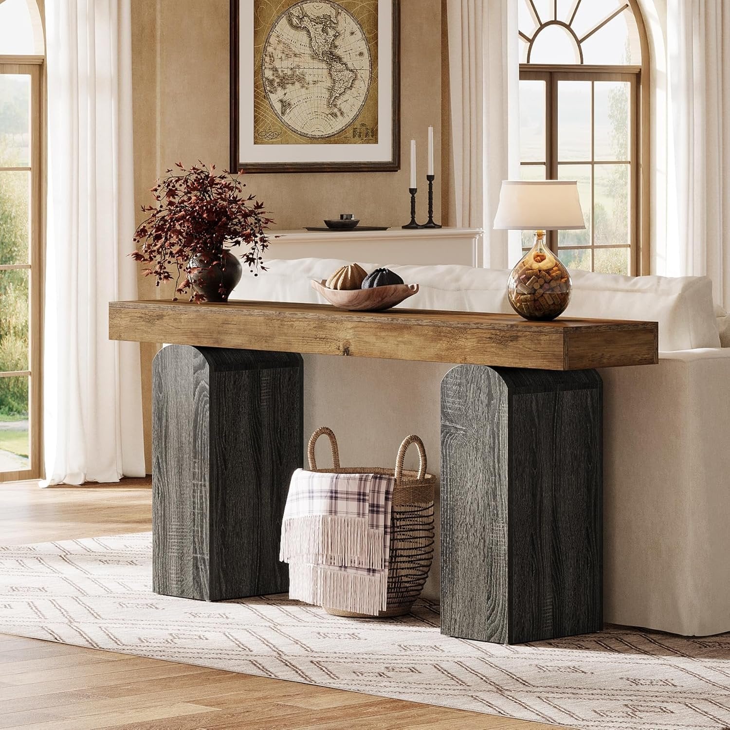 160 cm Landelijke Consoletafel met 2 Gebogen Tafelpoten, Houten Achterbanktafel voor Entree en Woonkamer
