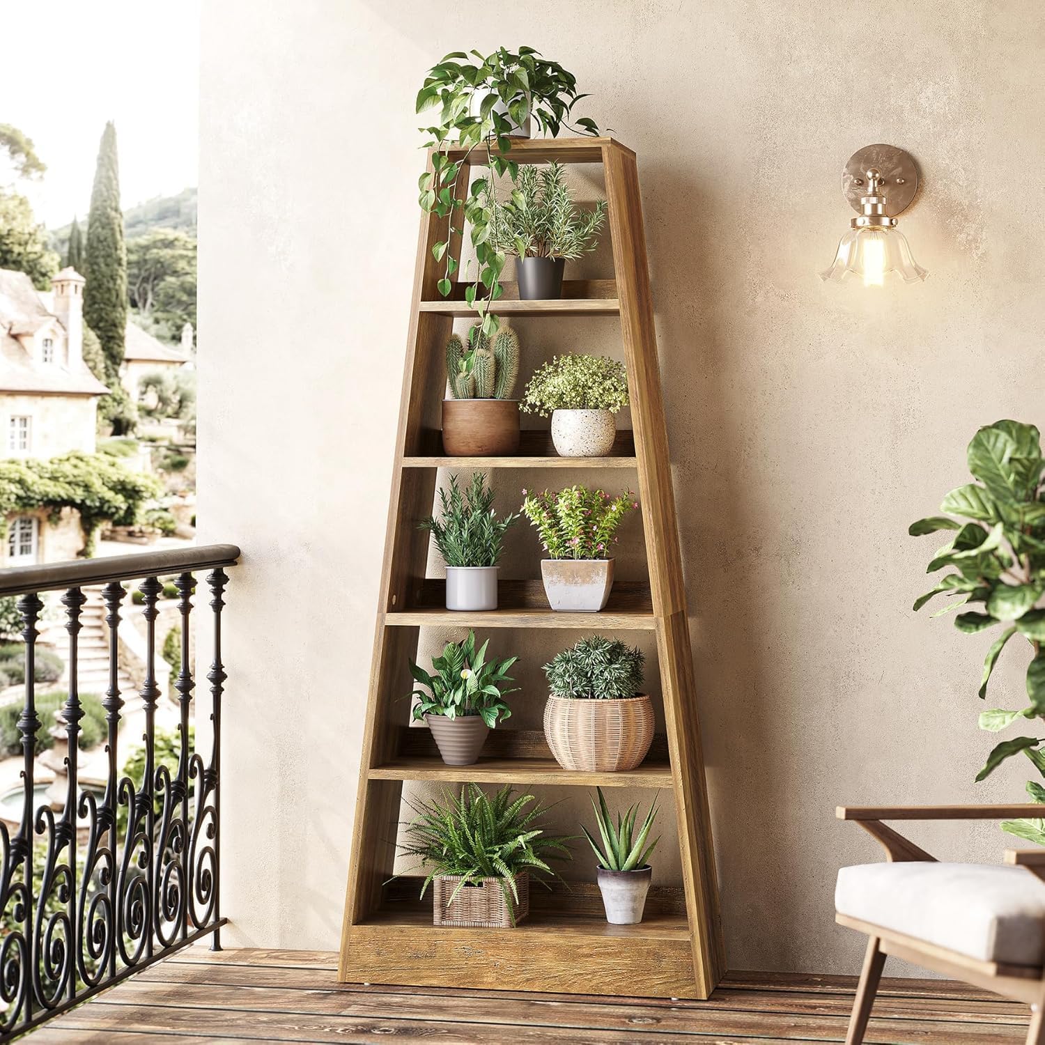 80 cm Landelijke Ladderkast, Met 6 Planken in Warm Omber voor Woonkamer en Kantoor