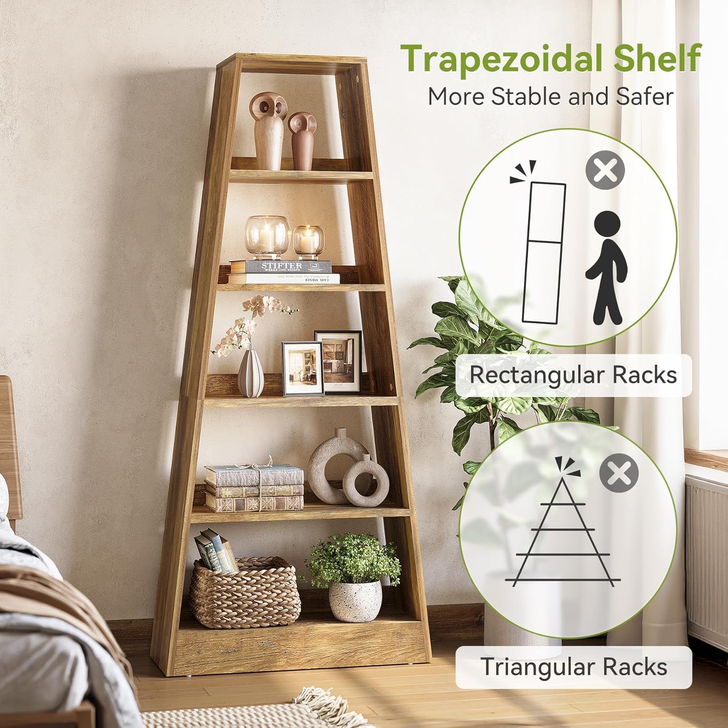 80 cm Landelijke Ladderkast, Met 6 Planken in Warm Omber voor Woonkamer en Kantoor