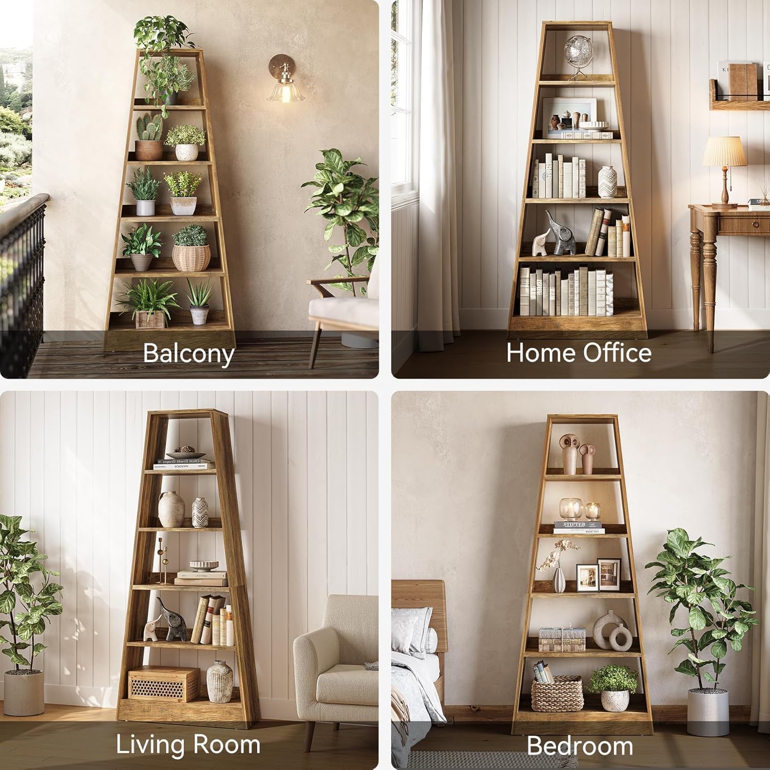 80 cm Landelijke Ladderkast, Met 6 Planken in Warm Omber voor Woonkamer en Kantoor