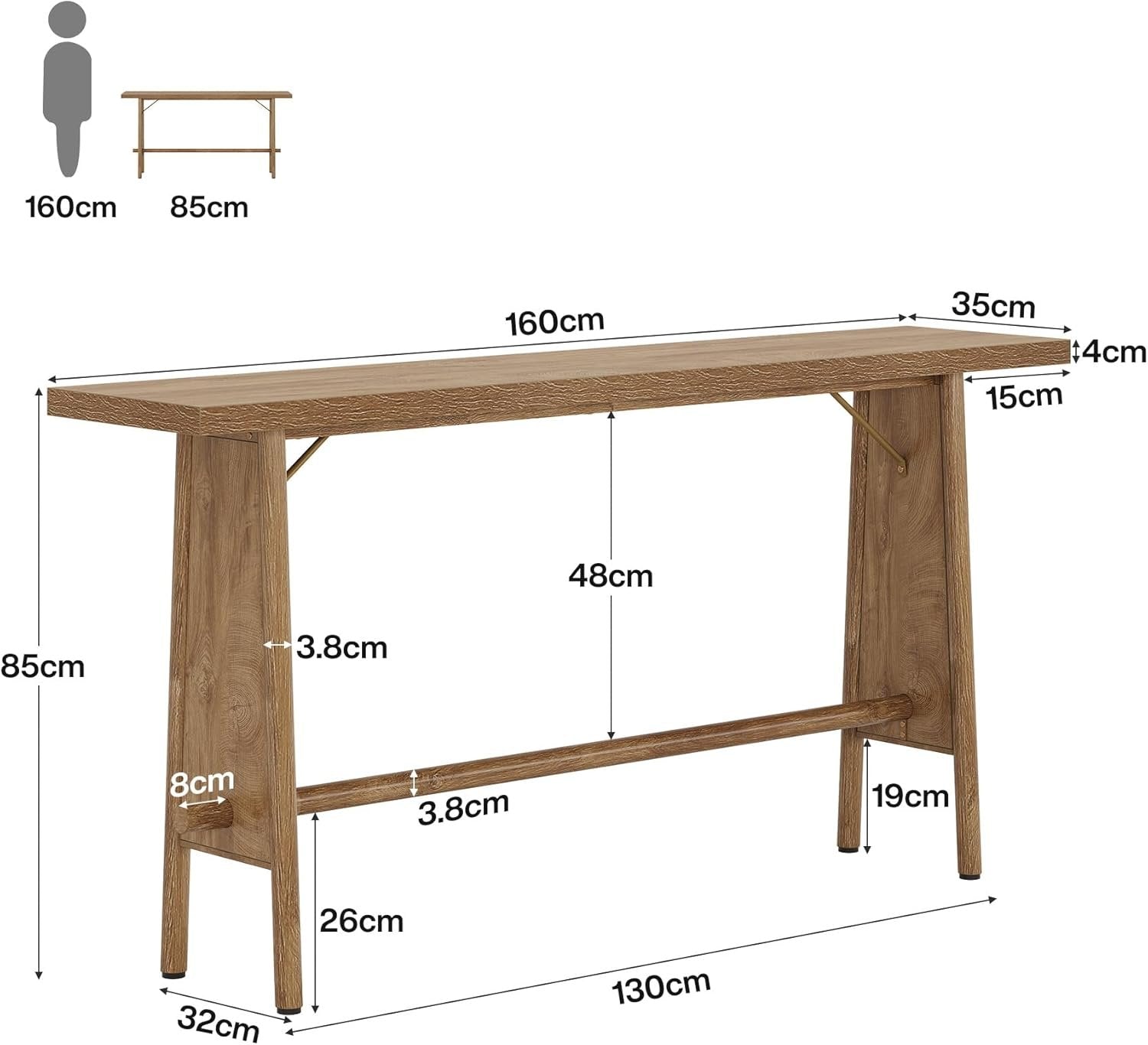 160 cm Consoletafel, Moderne Entreetafel met Metalen Poten voor Hal en Woonkamer