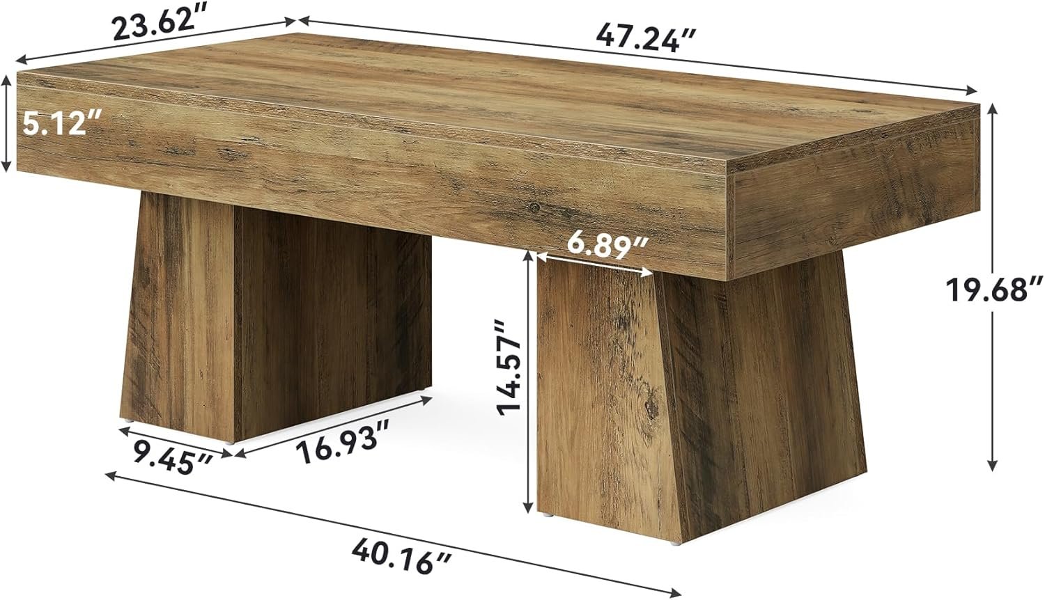 120 cm Landelijke Salontafel, Moderne Lage Woonkamertafel met Dikke Onderbouw