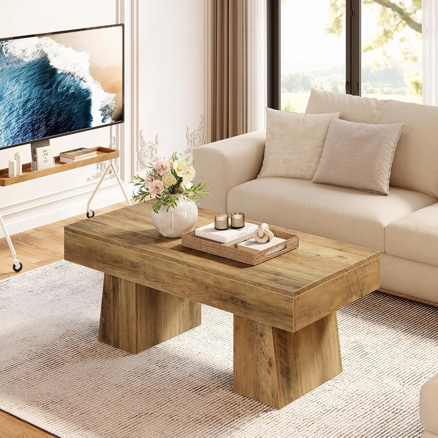 120 cm Landelijke Salontafel, Moderne Lage Woonkamertafel met Dikke Onderbouw