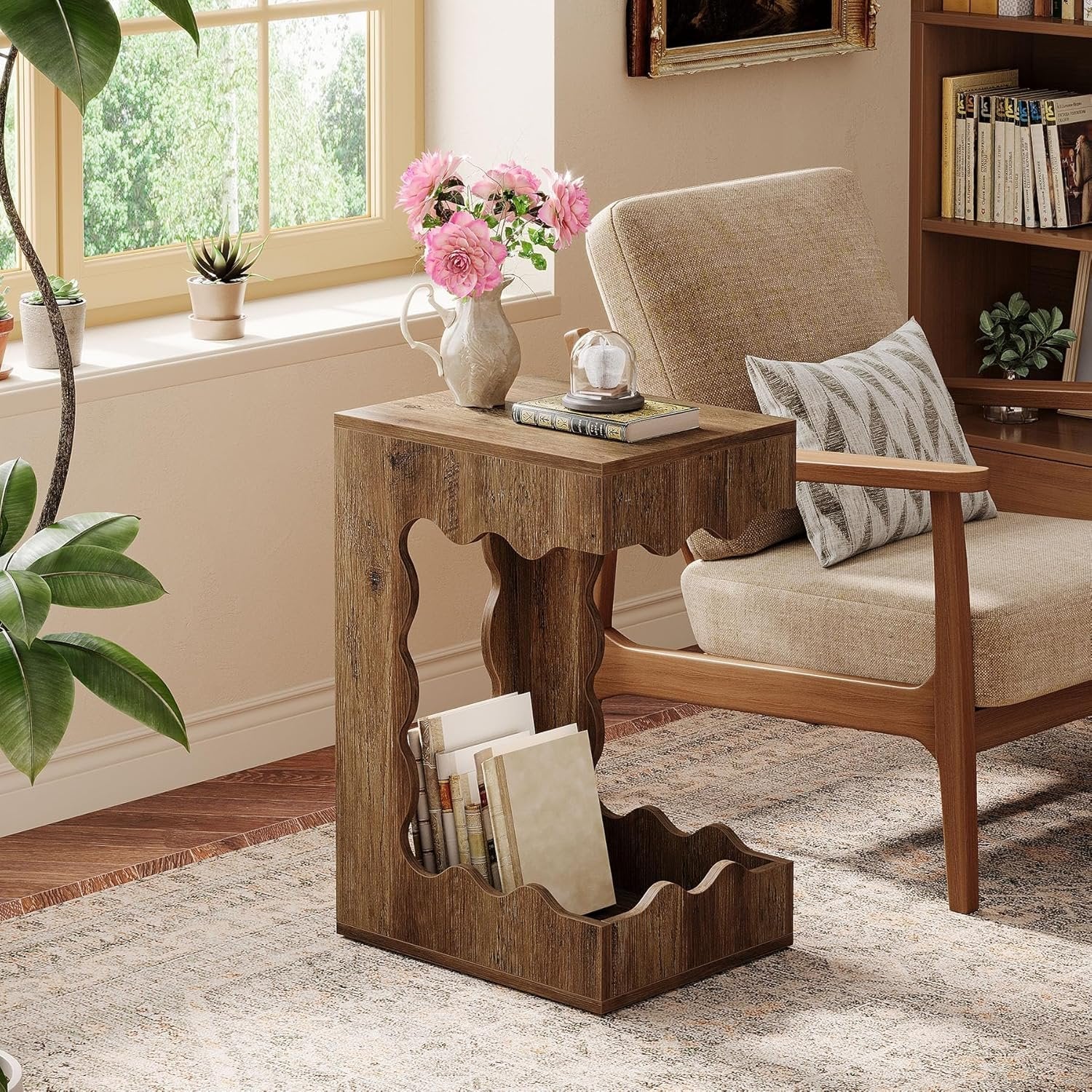 65 cm C-Vormige Bijzettafel, Landelijke Nachtkast voor Woonkamer en Slaapkamer