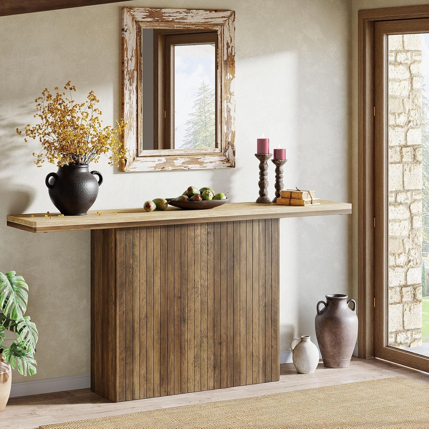 160 cm Geboorde Boerse Console, Landelijke Bruine Salontafel voor Hal en Woonkamer