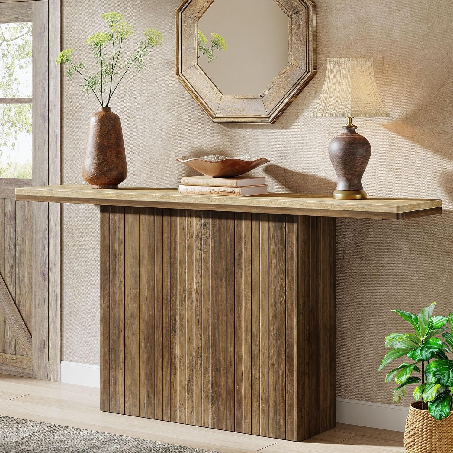 160 cm Geboorde Boerse Console, Landelijke Bruine Salontafel voor Hal en Woonkamer