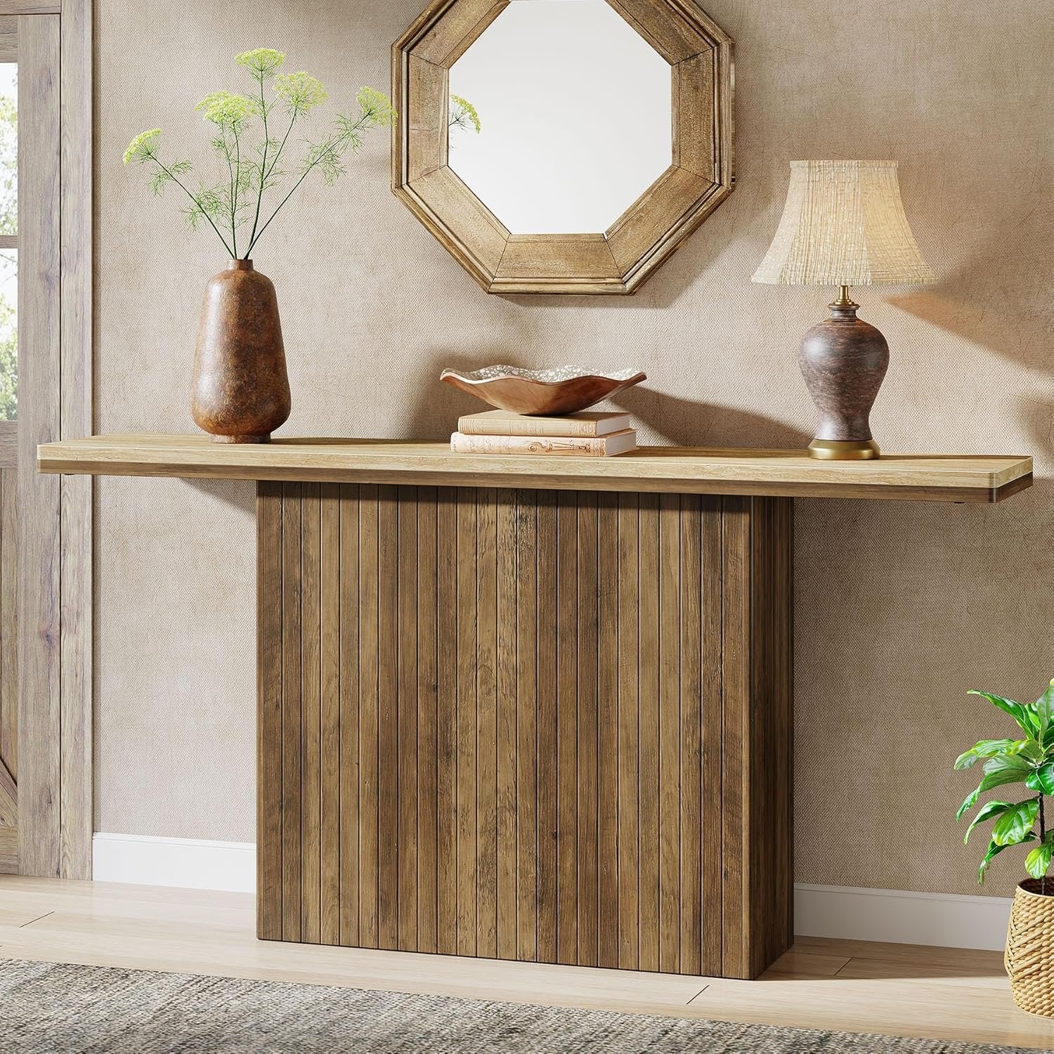 160 cm Geboorde Boerse Console, Landelijke Bruine Salontafel voor Hal en Woonkamer