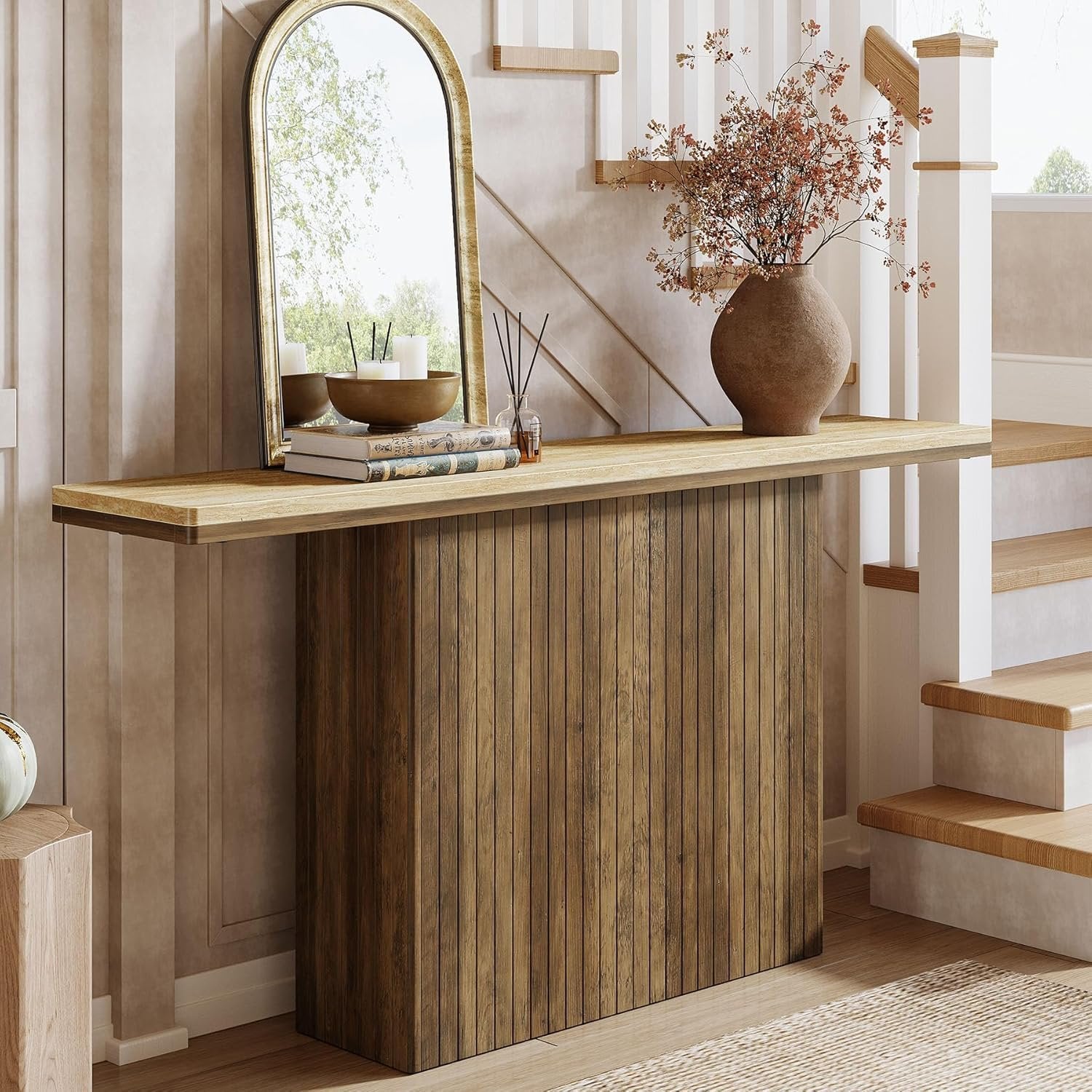 160 cm Geboorde Boerse Console, Landelijke Bruine Salontafel voor Hal en Woonkamer