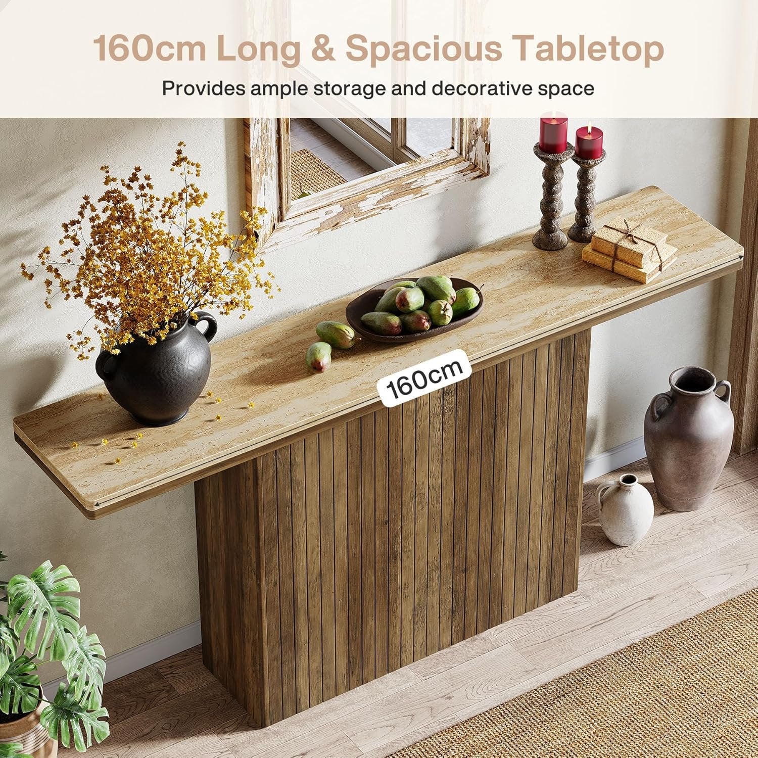 160 cm Geboorde Boerse Console, Landelijke Bruine Salontafel voor Hal en Woonkamer