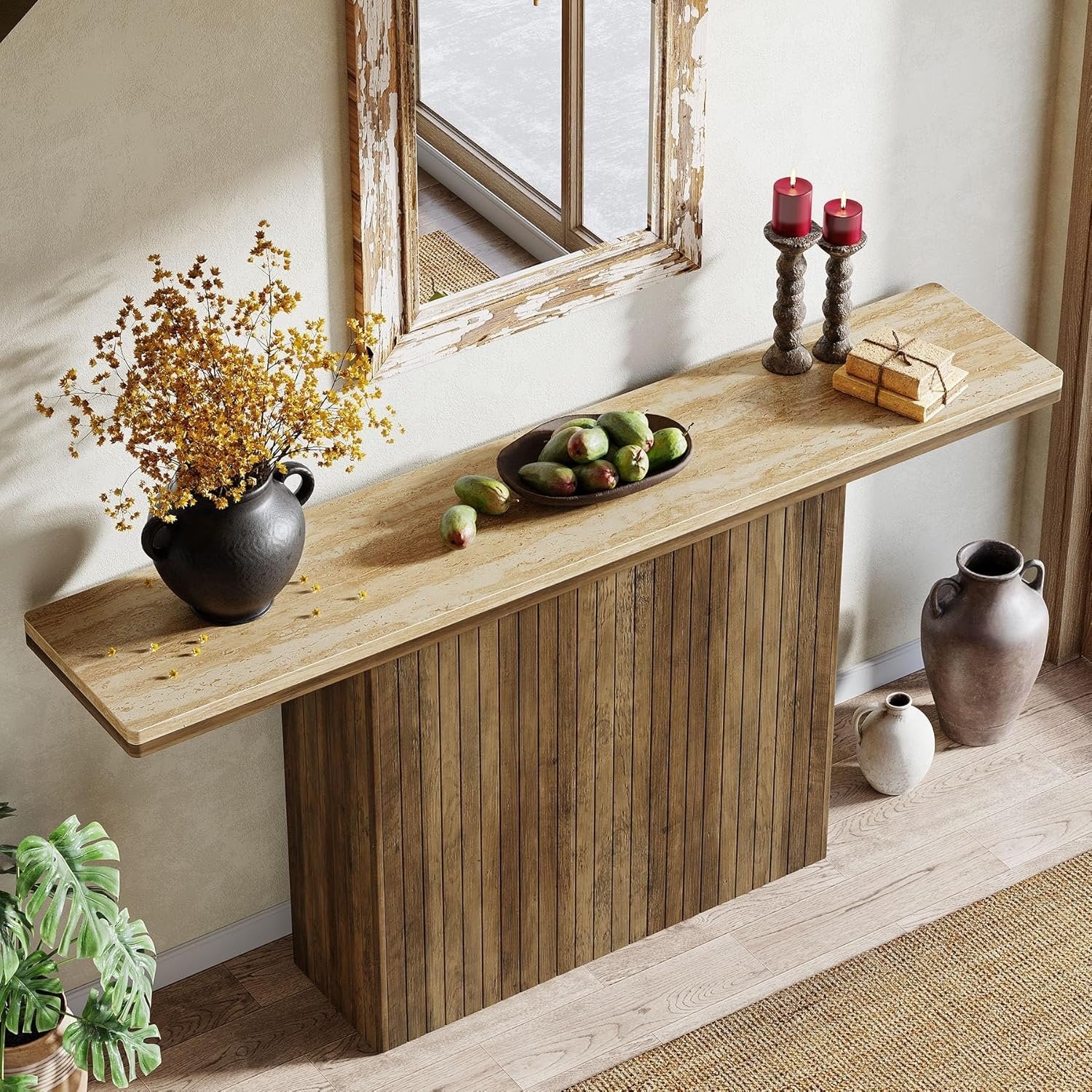 160 cm Geboorde Boerse Console, Landelijke Bruine Salontafel voor Hal en Woonkamer