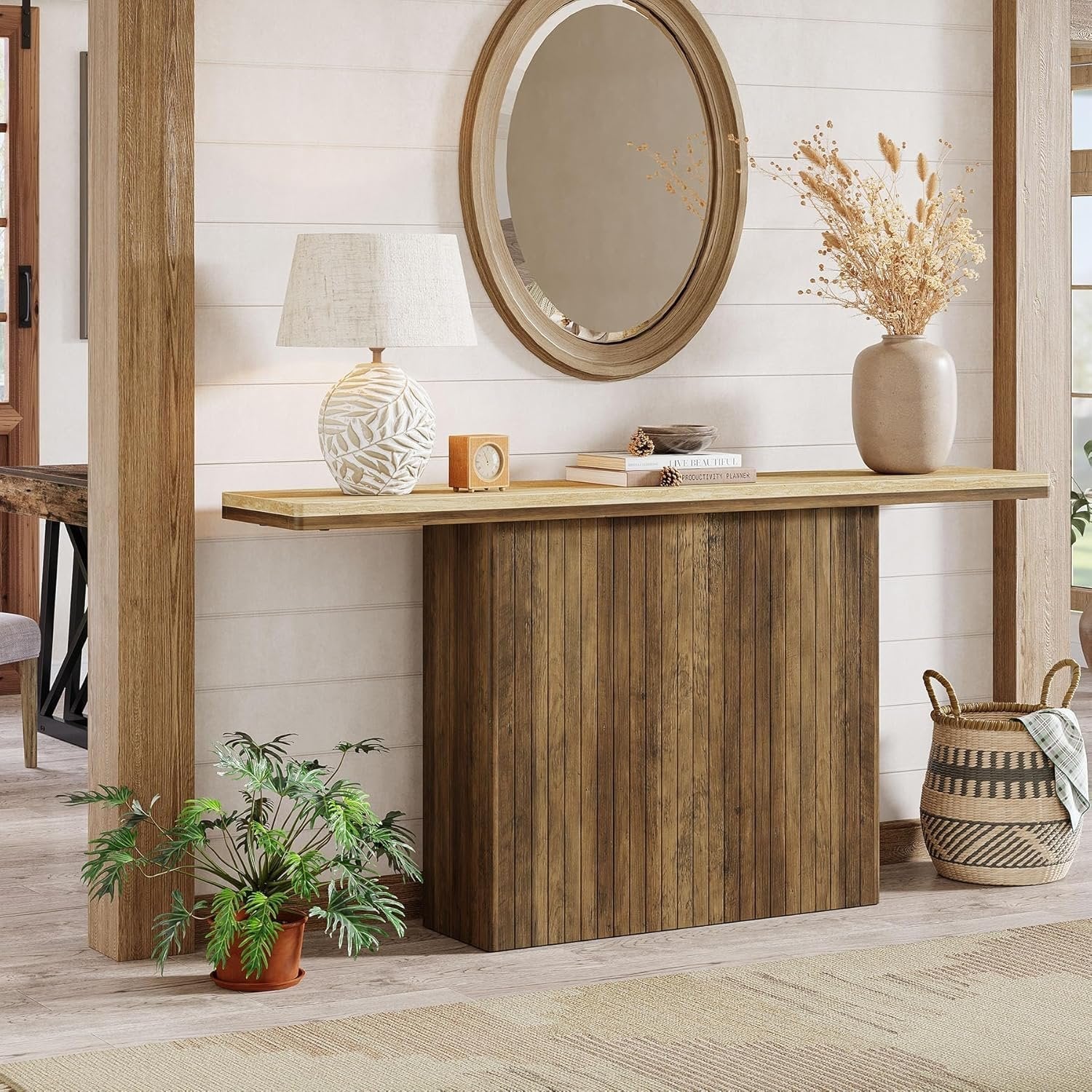 160 cm Geboorde Boerse Console, Landelijke Bruine Salontafel voor Hal en Woonkamer