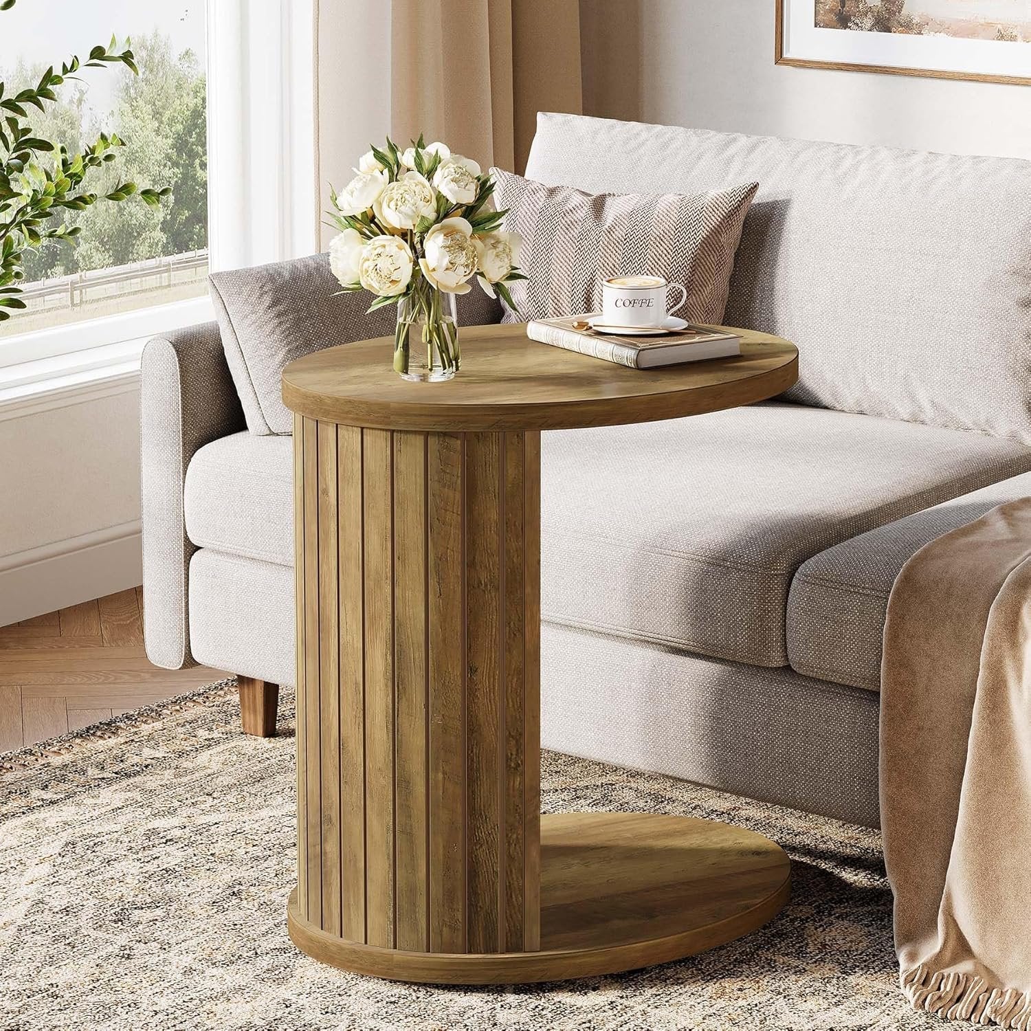 63 cm C-Vormige Bijzettafel, Ovale Nachtkast met Twee Opbergplanken voor Bank en Bed