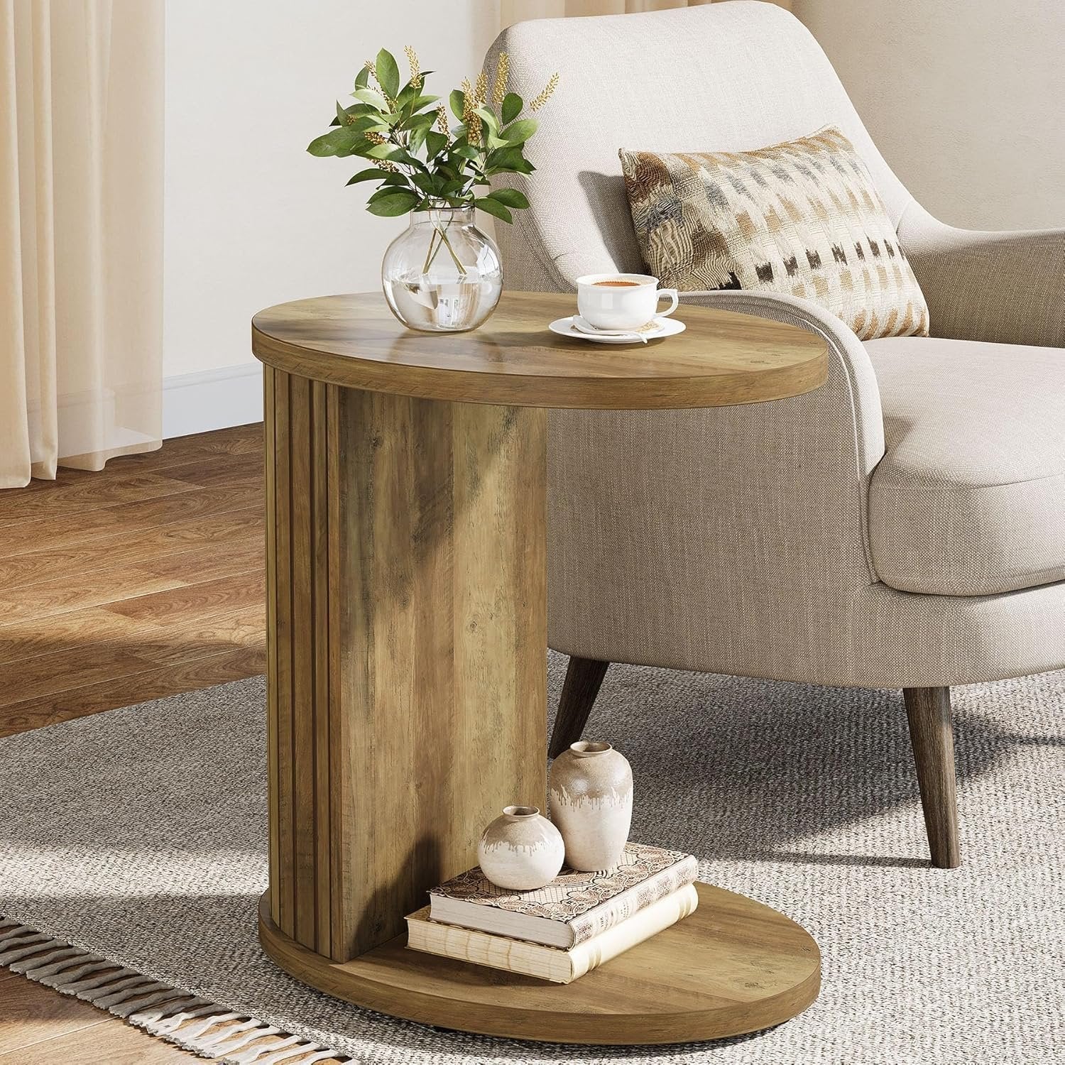 63 cm C-Vormige Bijzettafel, Ovale Nachtkast met Twee Opbergplanken voor Bank en Bed