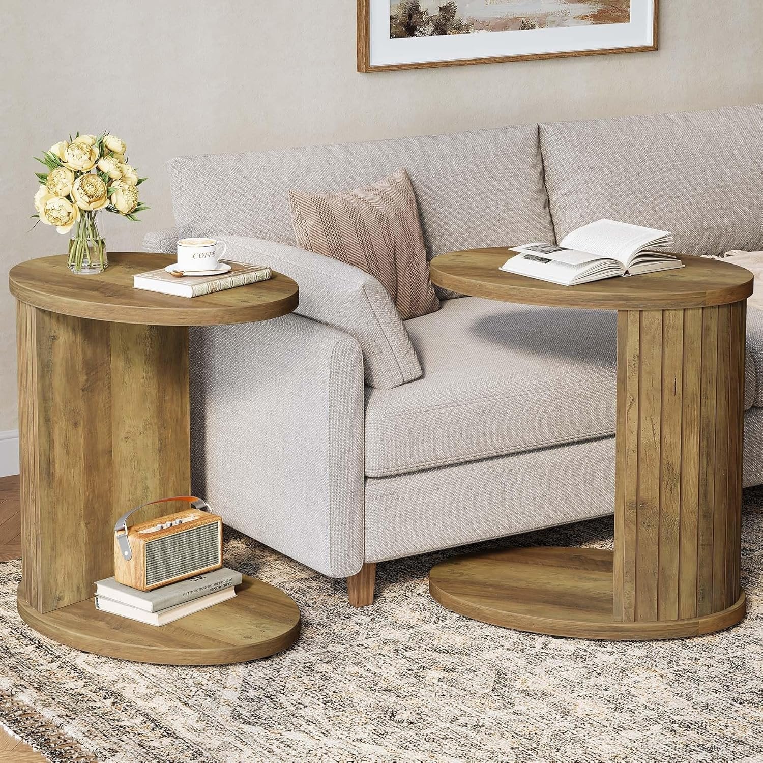 63 cm C-Vormige Bijzettafel, Ovale Nachtkast met Twee Opbergplanken voor Bank en Bed