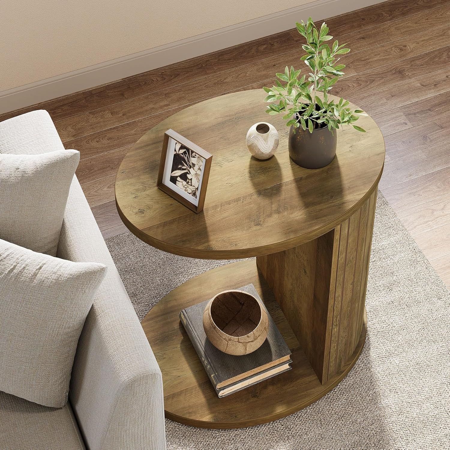 63 cm C-Vormige Bijzettafel, Ovale Nachtkast met Twee Opbergplanken voor Bank en Bed