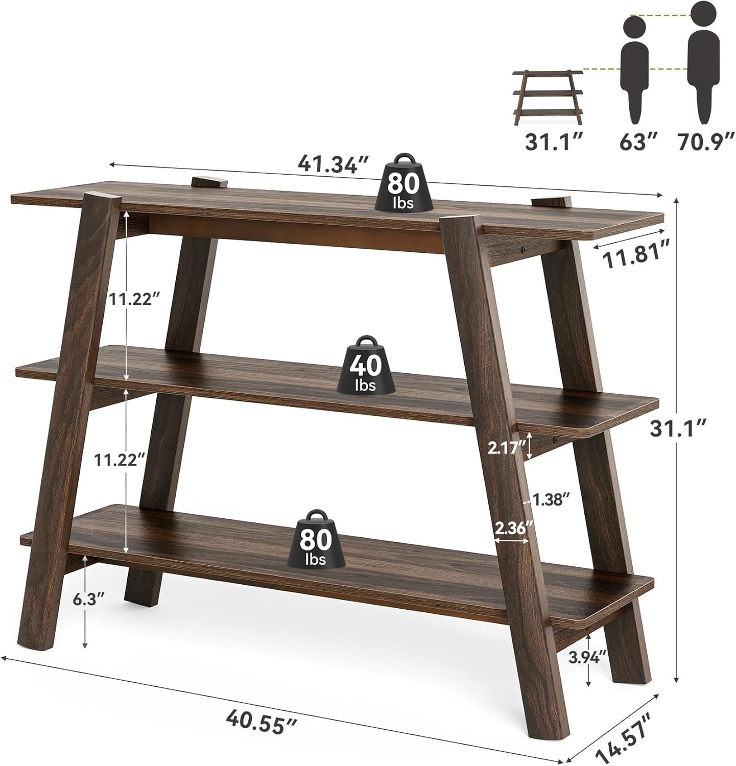 105 cm lange console, 3 open planken in landelijke stijl voor de entree of achter de bank