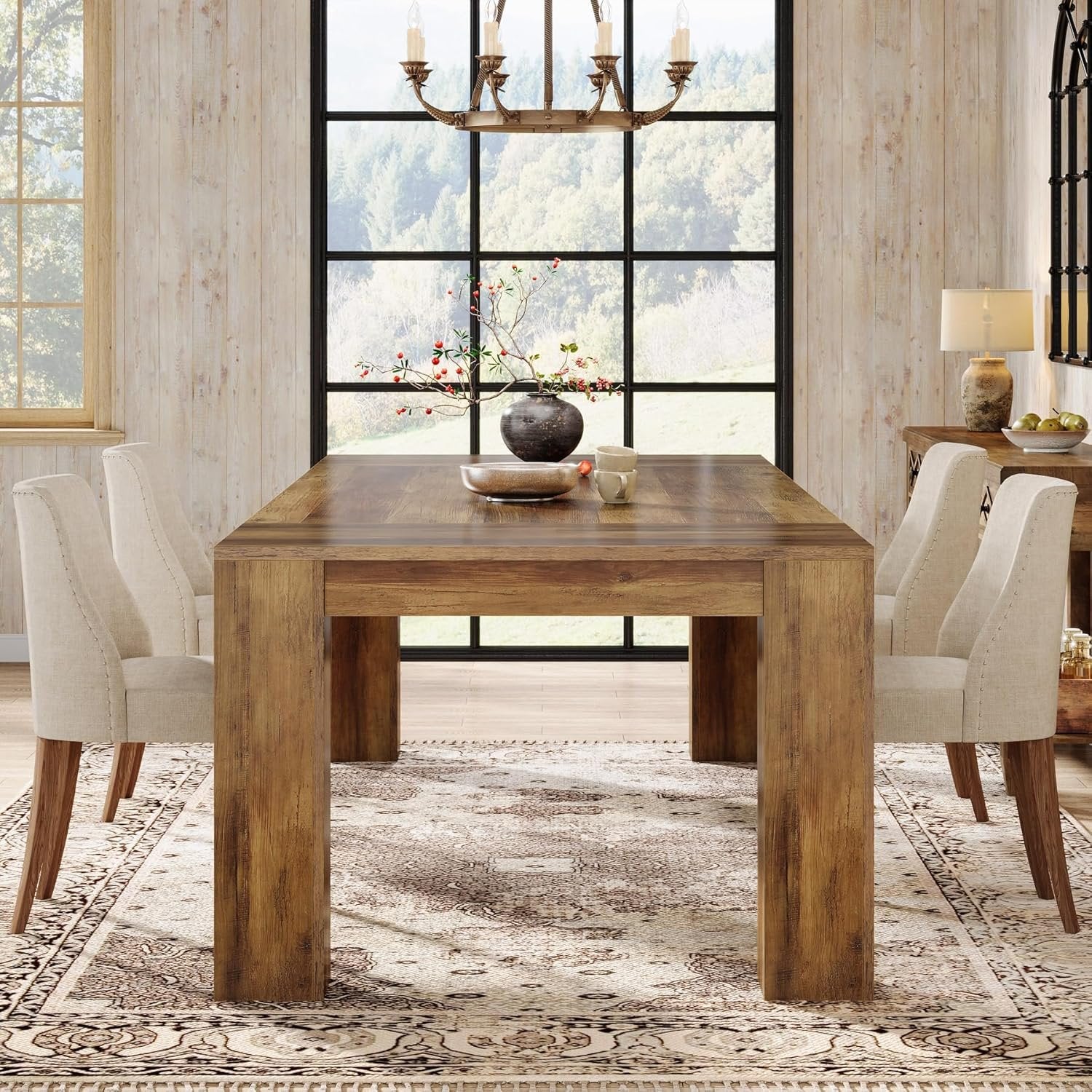 Eettafel van 160 cm voor 4–6 Personen, Rechthoekige Houten Keukentafel in Landelijke Stijl