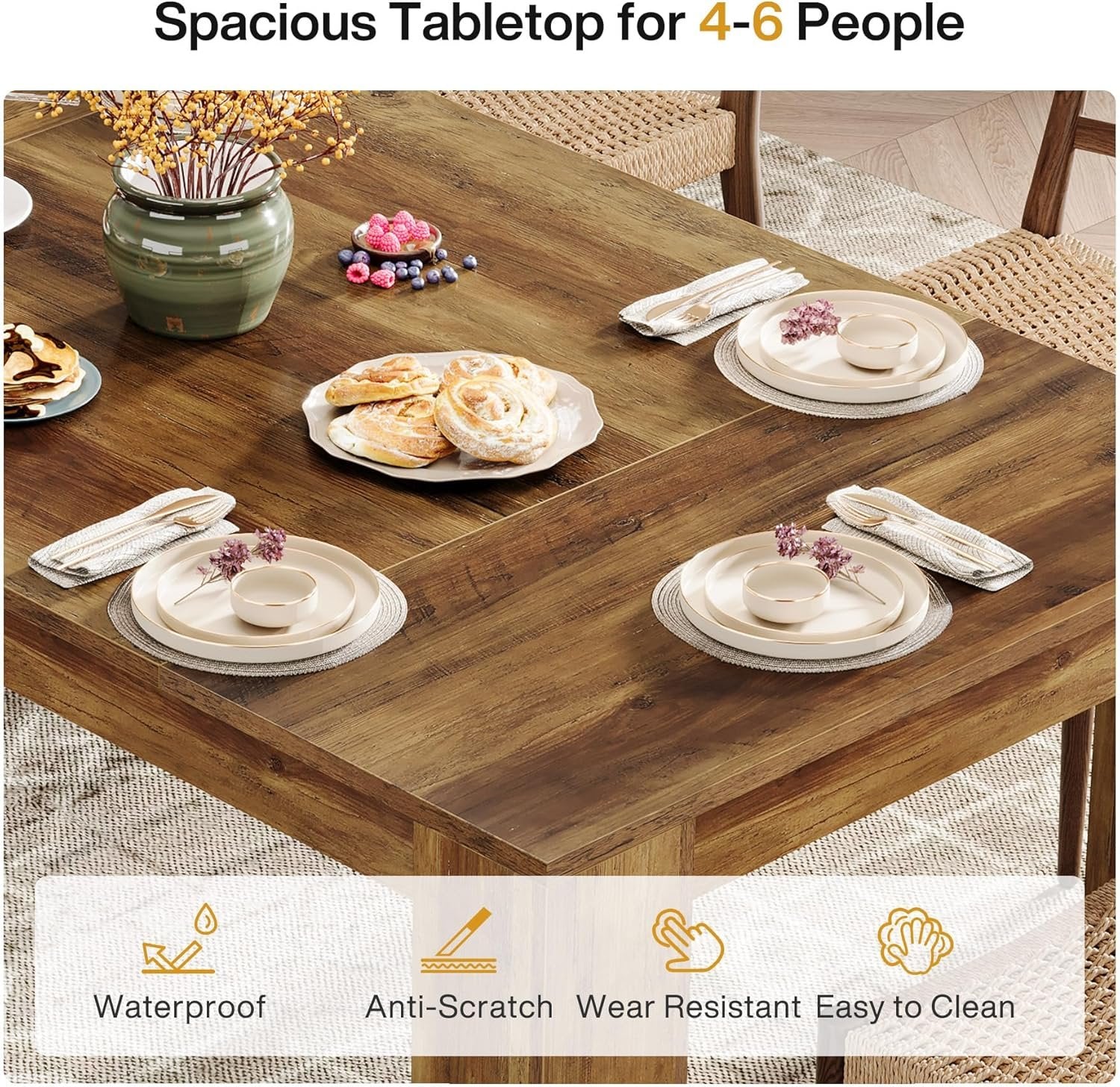 Eettafel van 160 cm voor 4–6 Personen, Rechthoekige Houten Keukentafel in Landelijke Stijl