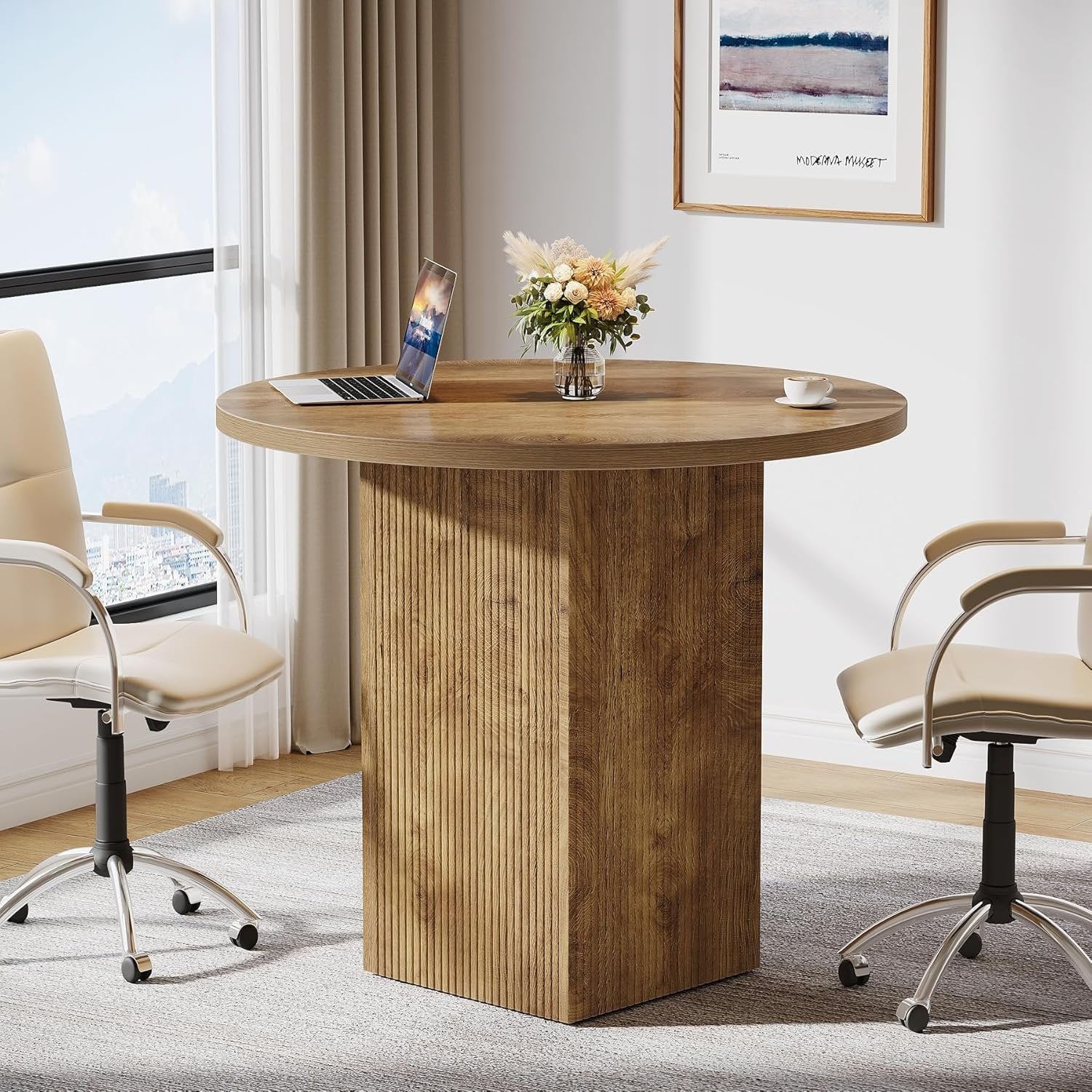 80 cm Tribesigns Ronde Vergadertafel, Met Houten Gecanneleerde Voet voor Ruimtebesparing