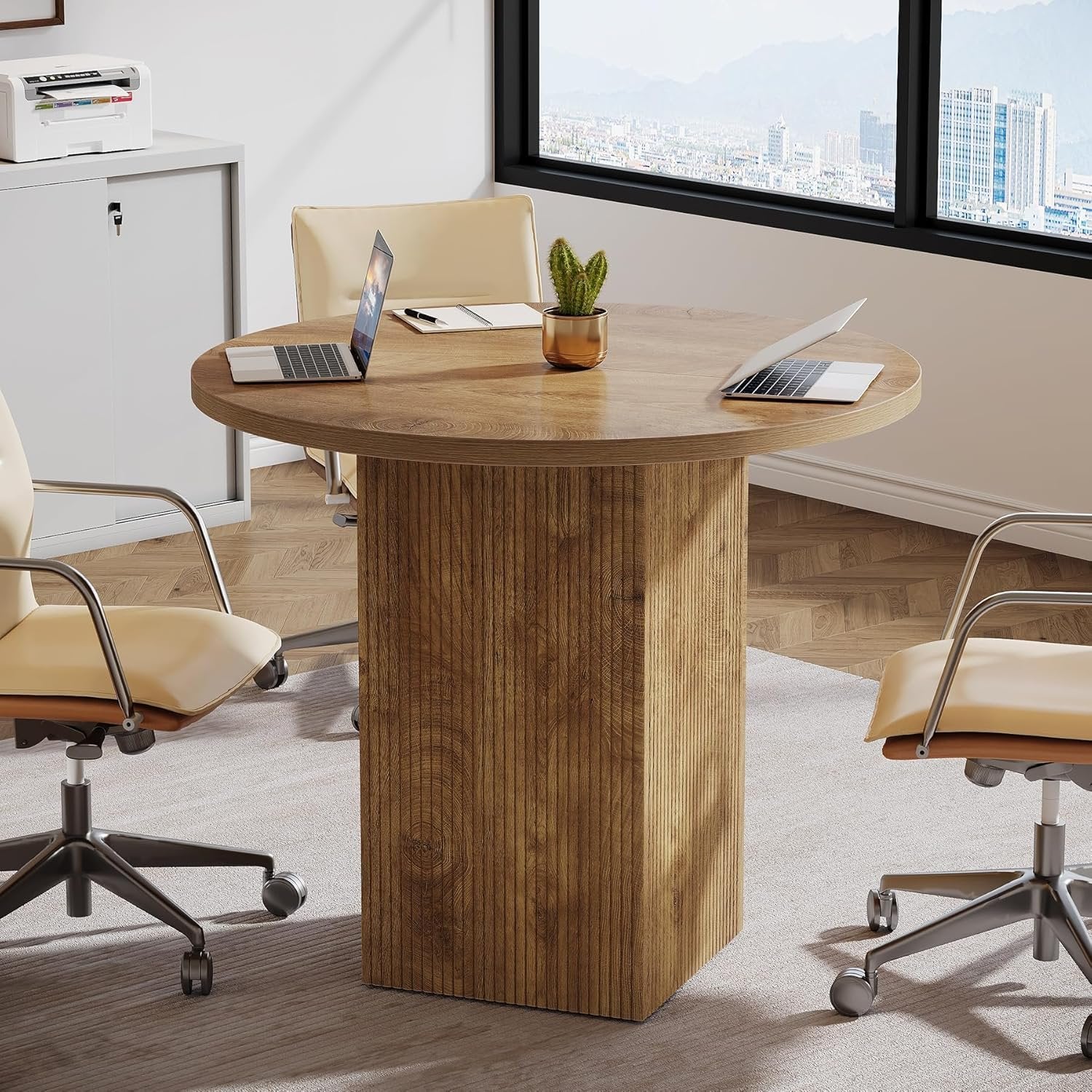 80 cm Tribesigns Ronde Vergadertafel, Met Houten Gecanneleerde Voet voor Ruimtebesparing