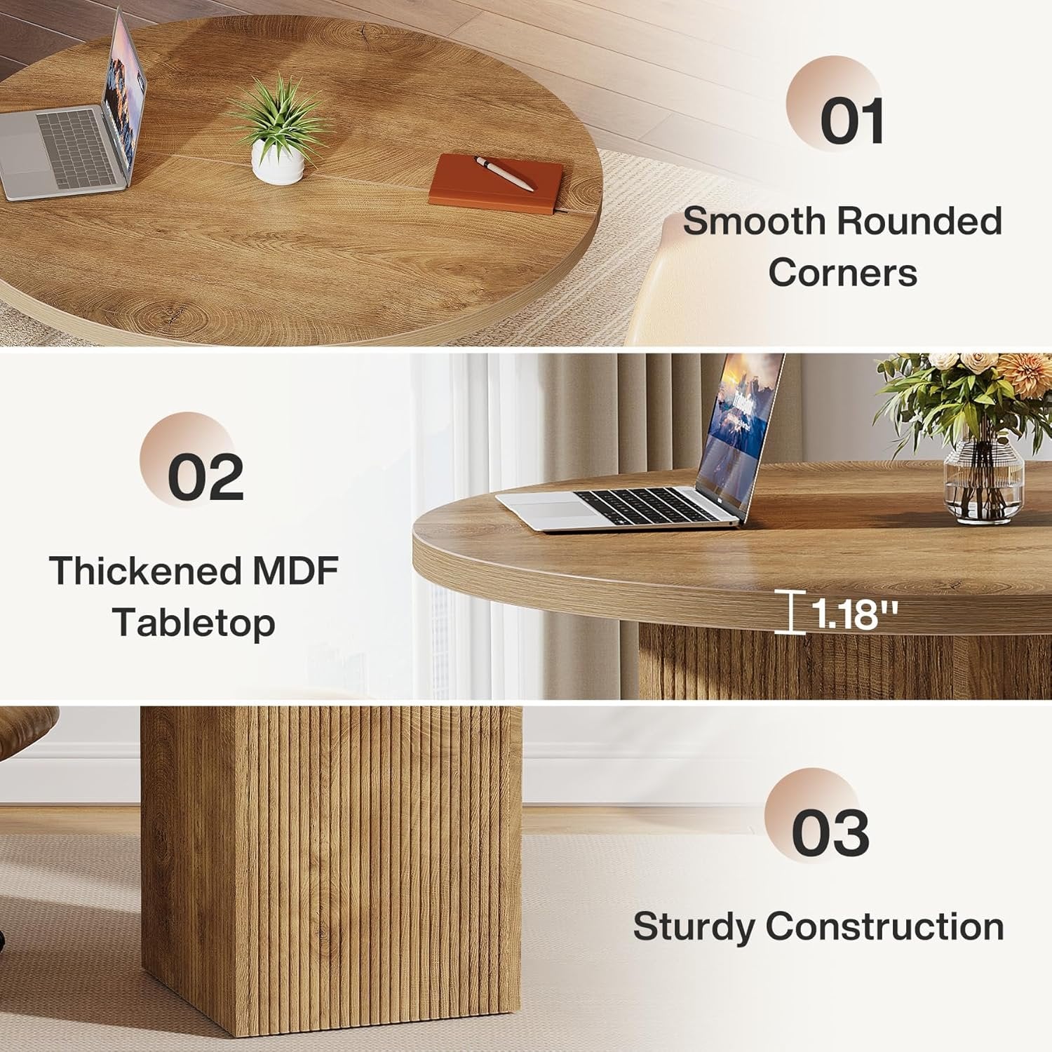 80 cm Tribesigns Ronde Vergadertafel, Met Houten Gecanneleerde Voet voor Ruimtebesparing