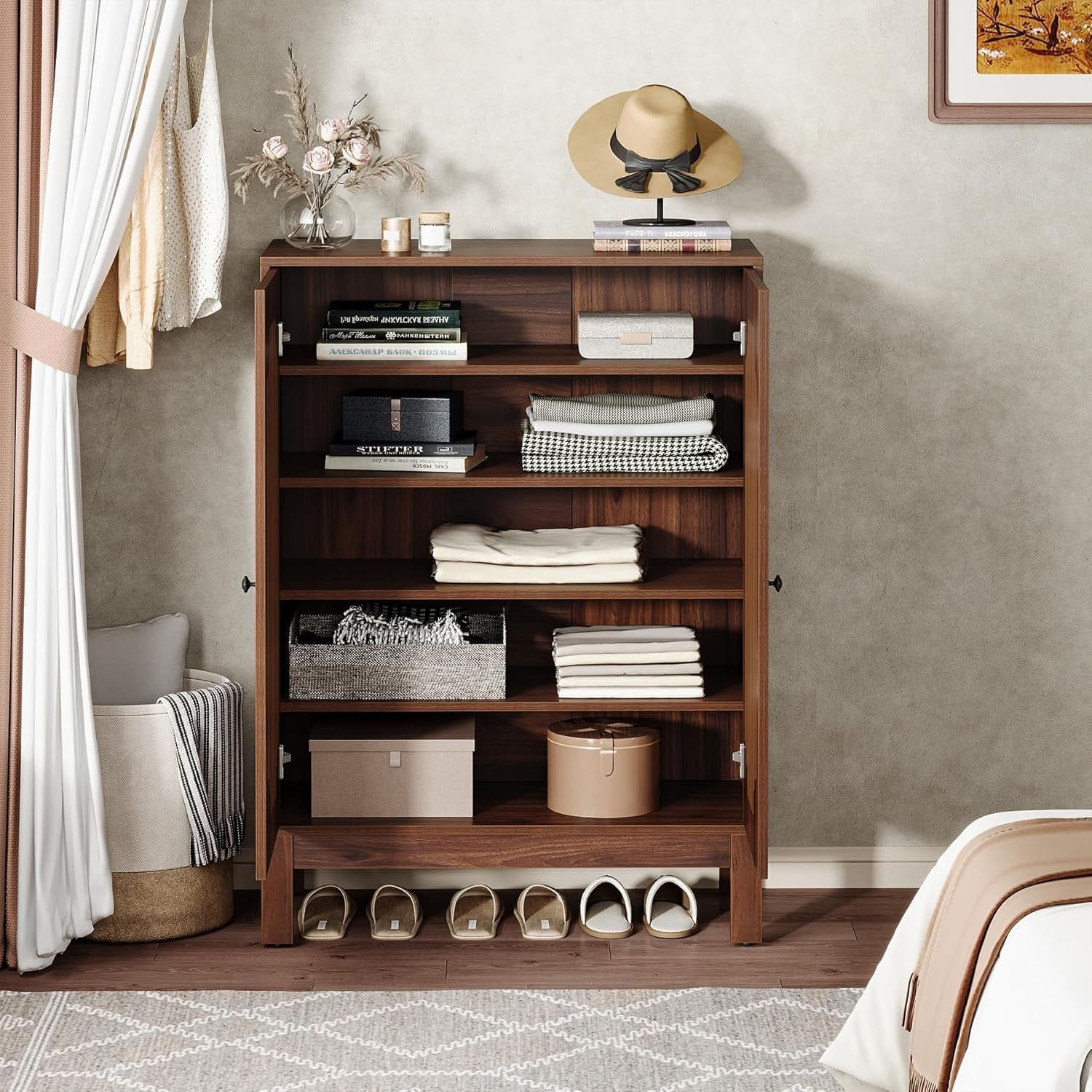 110 cm Tribesigns Schoenenkast met Lamellendeuren, Houten Schoenenrek voor Entree en Hal