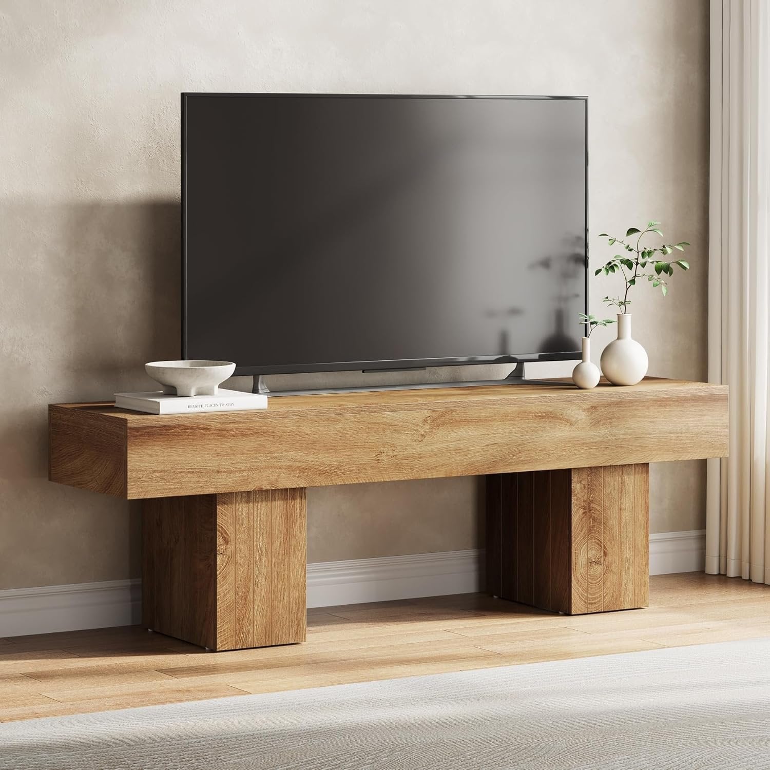 Tv-meubel voor 140 cm Tv in Landelijke Stijl, Licht Houten Lage Tv-console voor Woonkamer