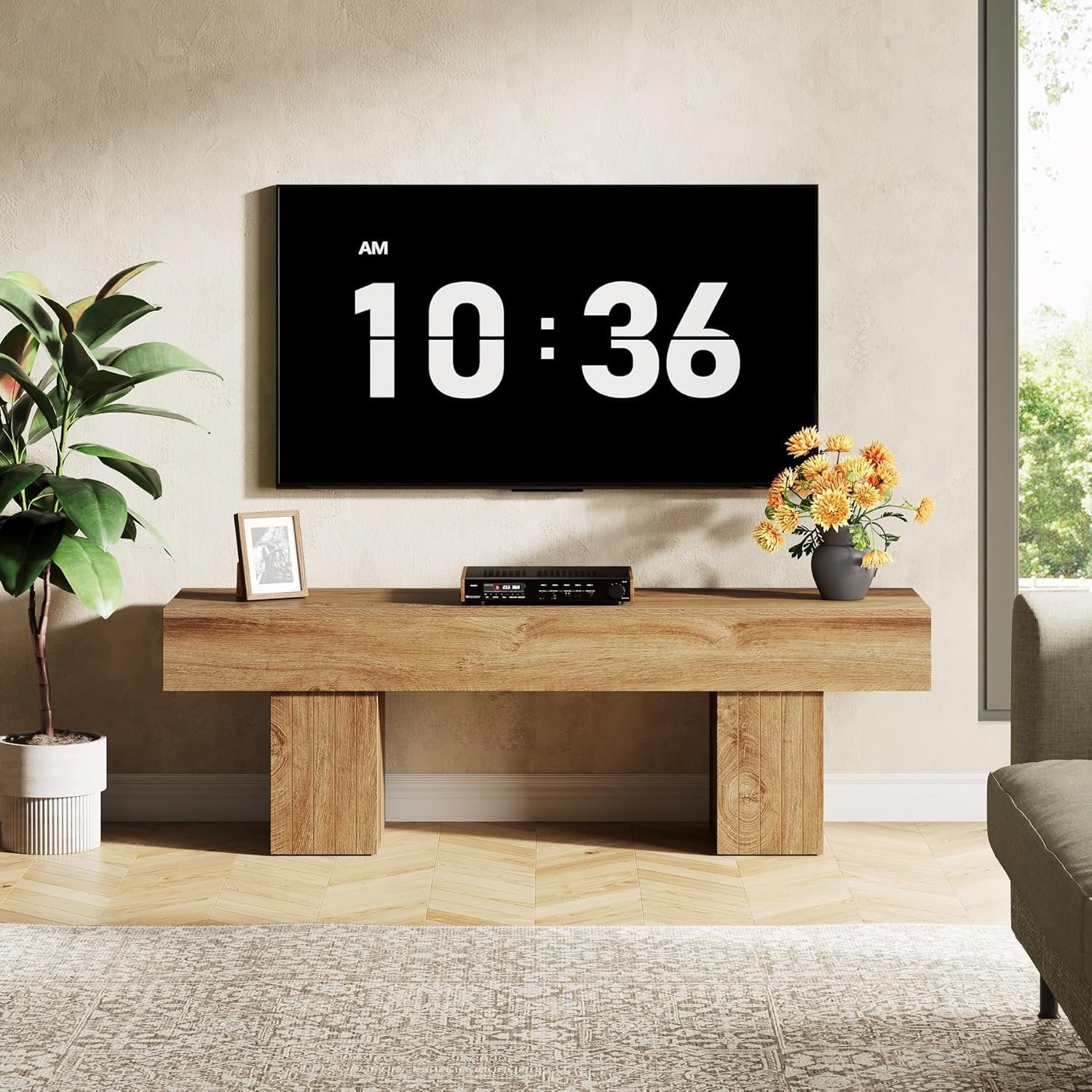 Tv-meubel voor 140 cm Tv in Landelijke Stijl, Licht Houten Lage Tv-console voor Woonkamer