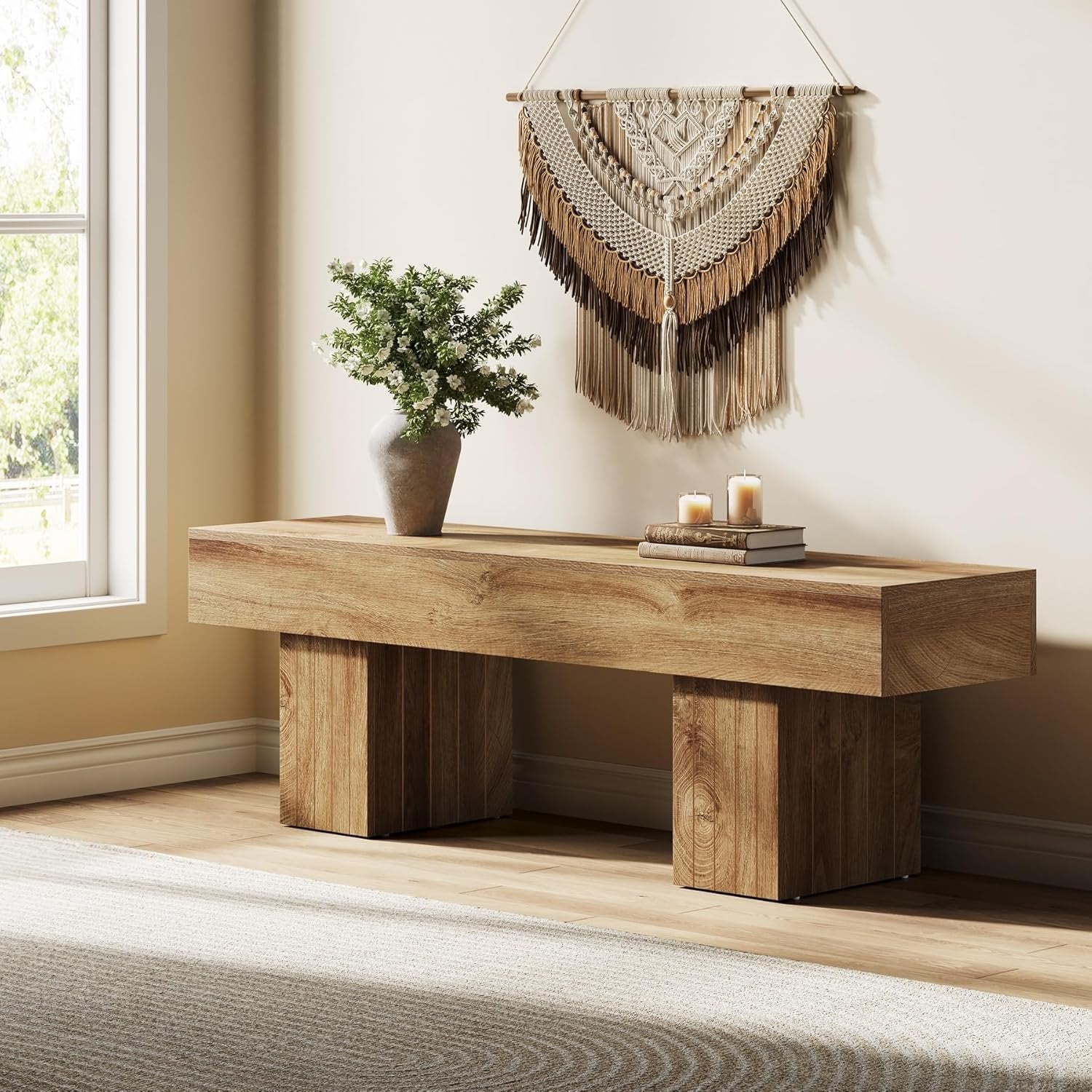 Tv-meubel voor 140 cm Tv in Landelijke Stijl, Licht Houten Lage Tv-console voor Woonkamer