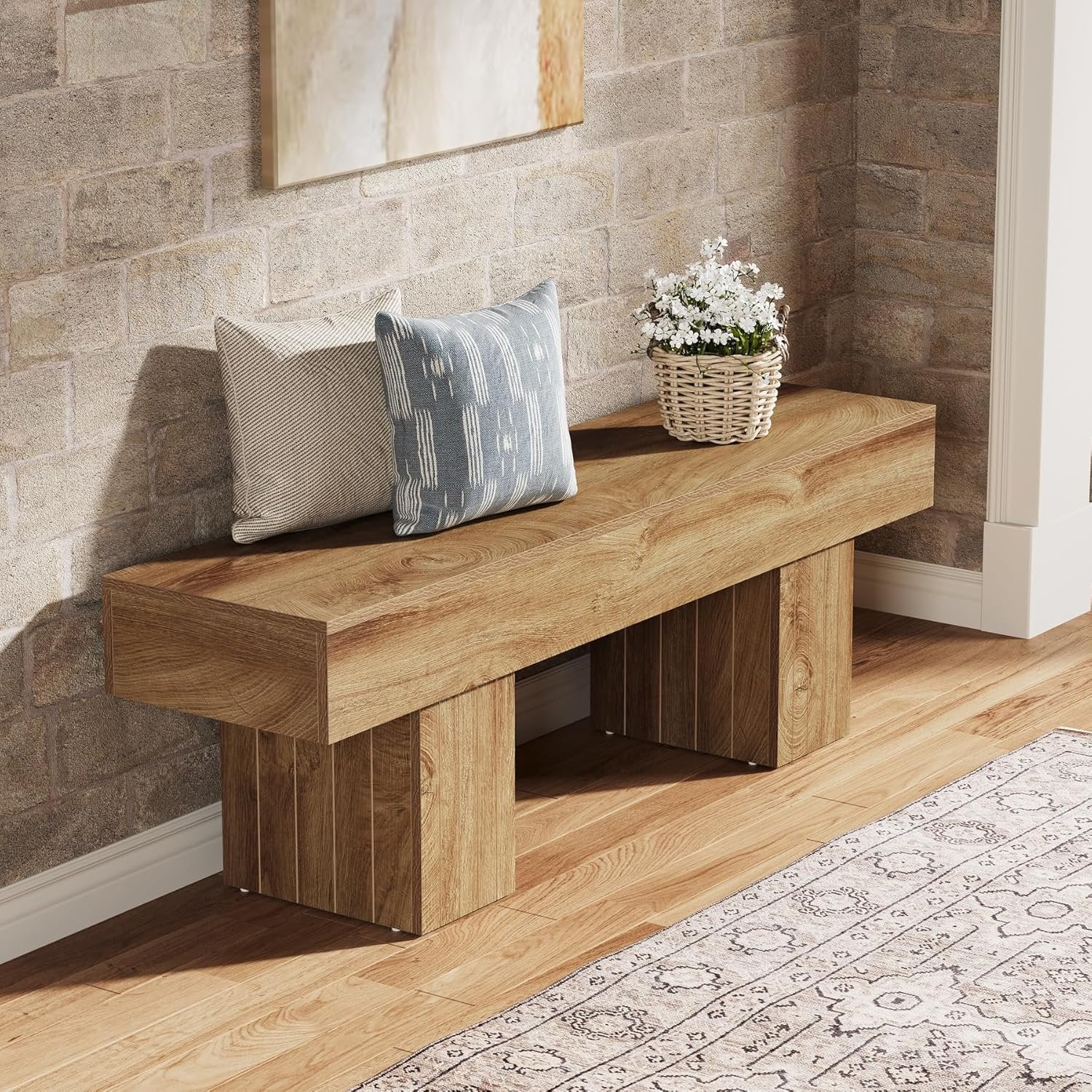 Tv-meubel voor 140 cm Tv in Landelijke Stijl, Licht Houten Lage Tv-console voor Woonkamer