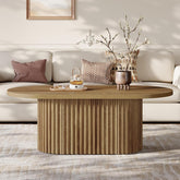 120 cm Ovale Salontafel in Landelijke Stijl, Houten Centertafel met Geribbelde Afwerking 3