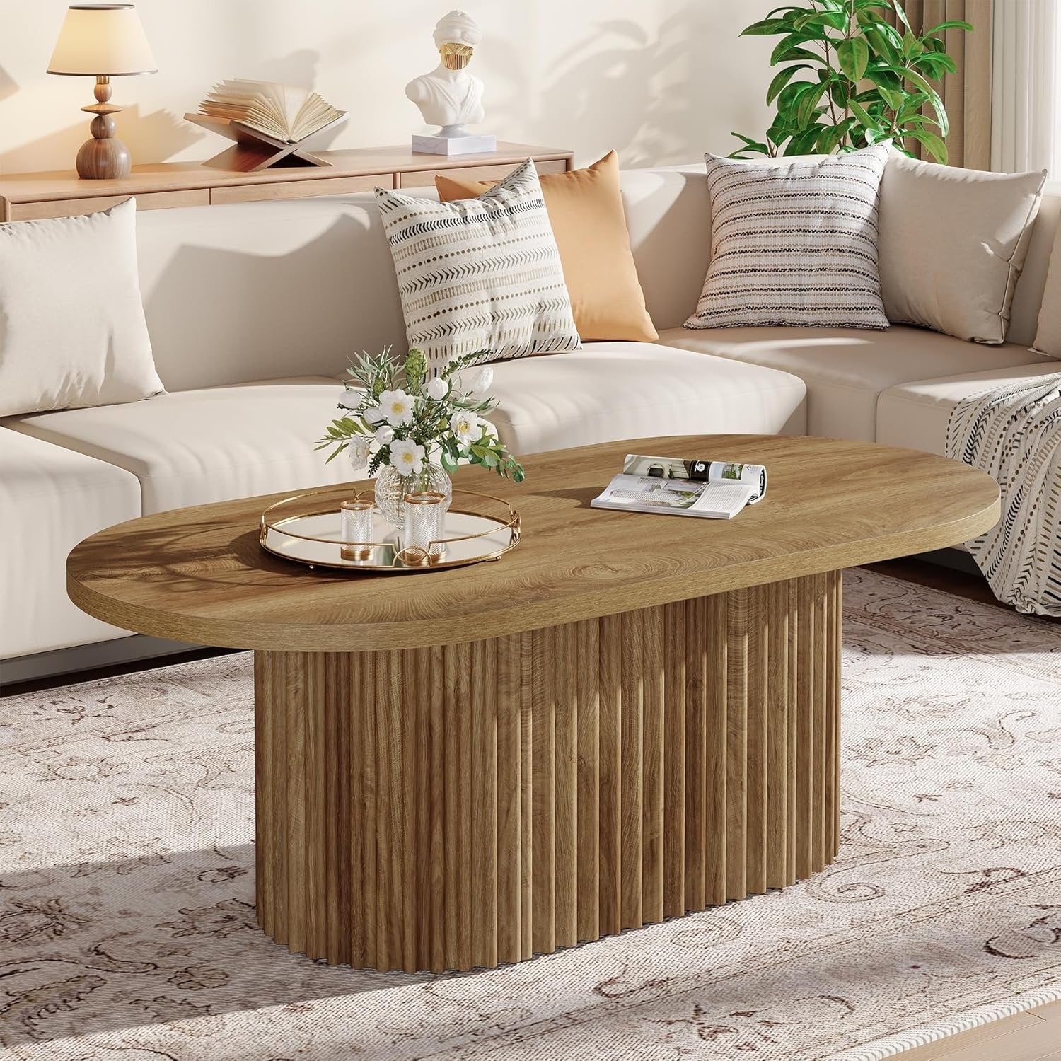 120 cm Ovale Salontafel in Landelijke Stijl, Houten Centertafel met Geribbelde Afwerking