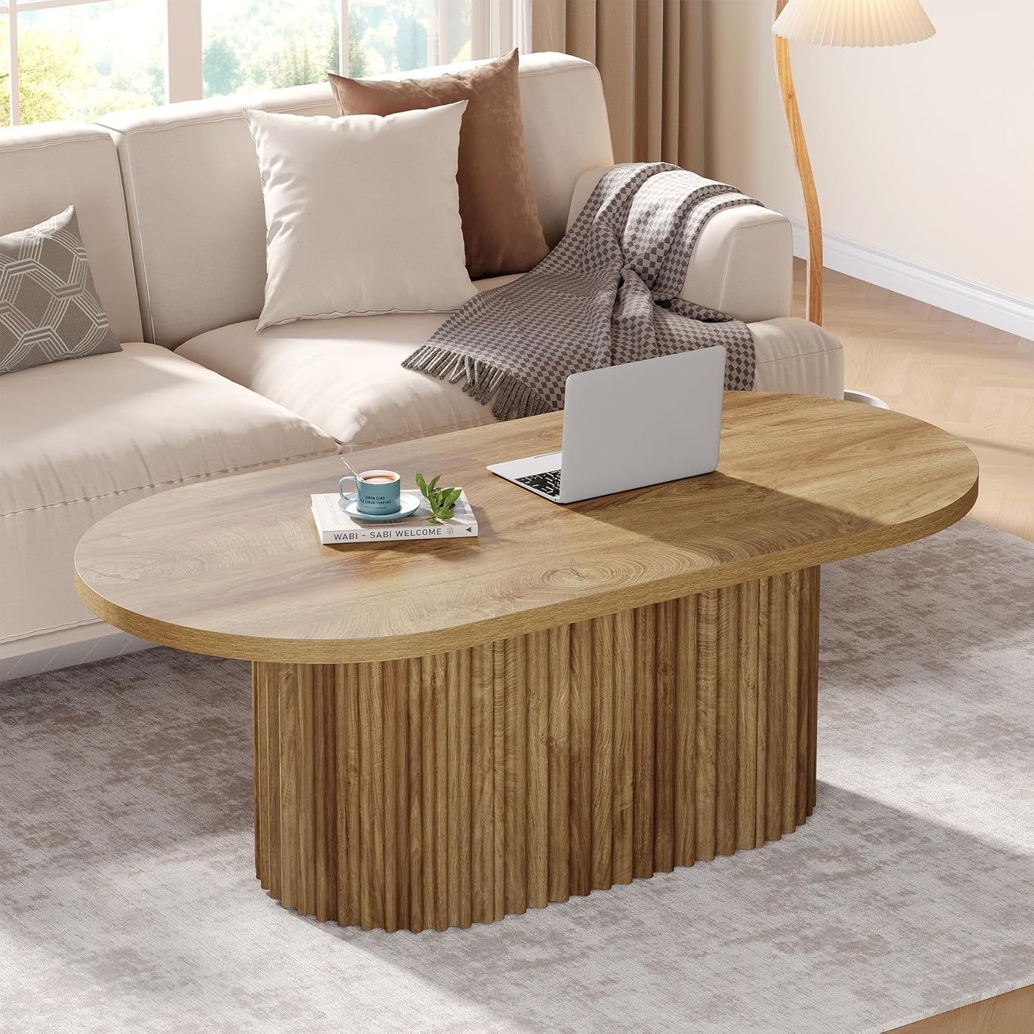 120 cm Ovale Salontafel in Landelijke Stijl, Houten Centertafel met Geribbelde Afwerking