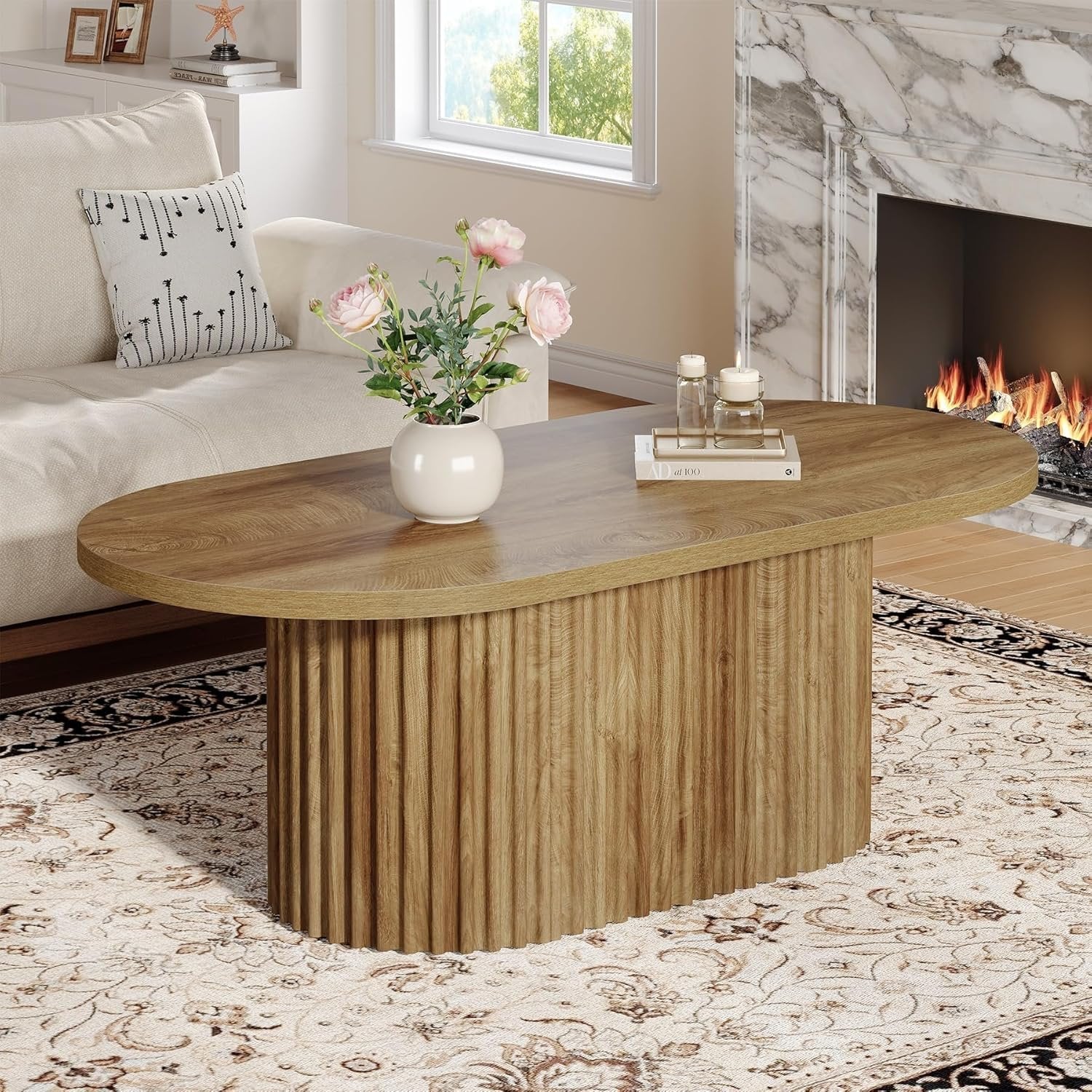 120 cm Ovale Salontafel in Landelijke Stijl, Houten Centertafel met Geribbelde Afwerking