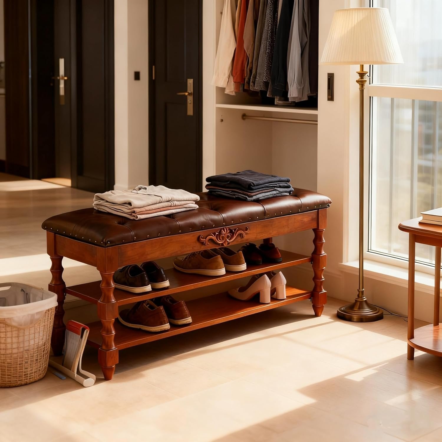 99 cm Massief Houten Schoenenbank met Opklapzitting en Verborgen Opbergruimte, Organizer voor 8–10 Paar Schoenen