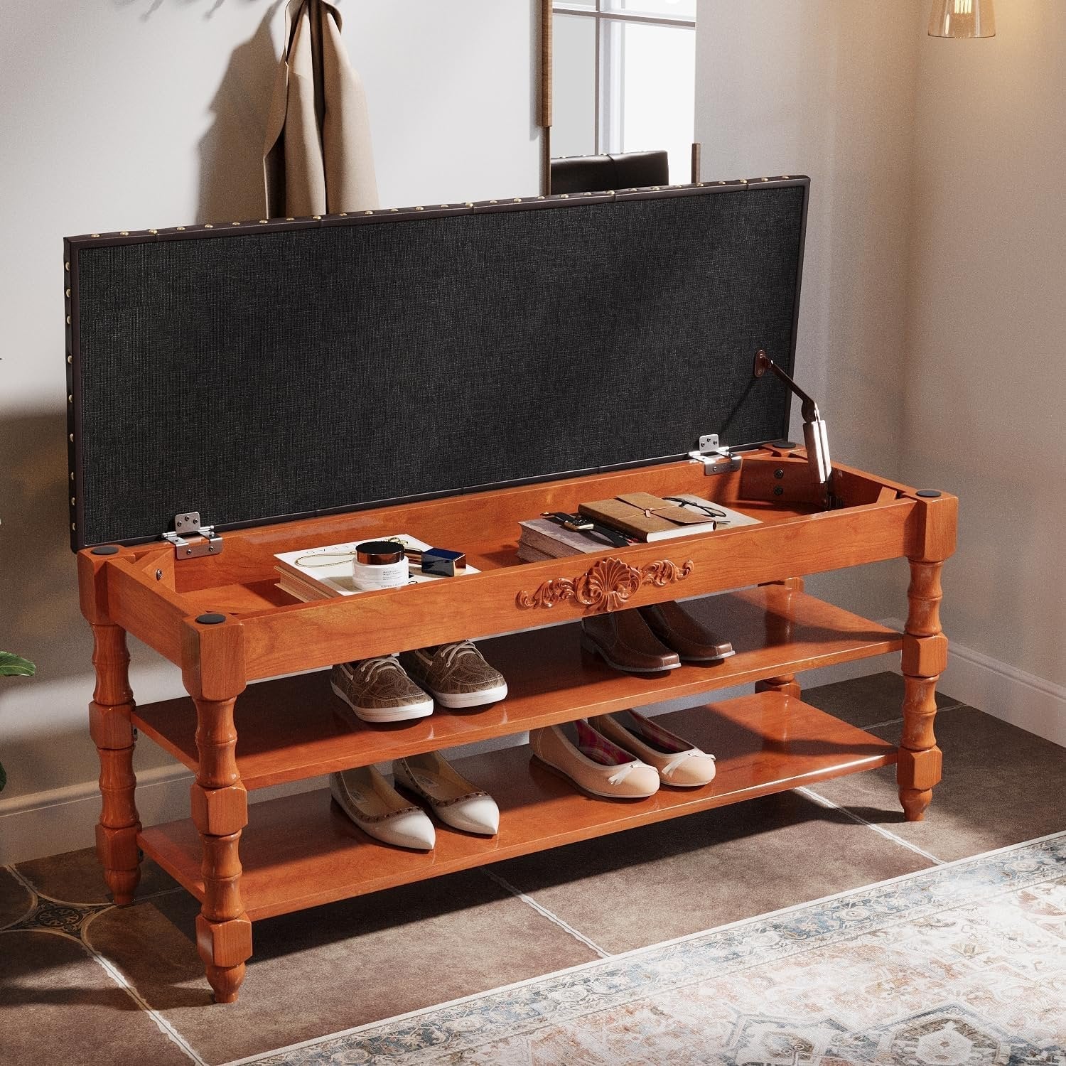 99 cm Massief Houten Schoenenbank met Opklapzitting en Verborgen Opbergruimte, Organizer voor 8–10 Paar Schoenen
