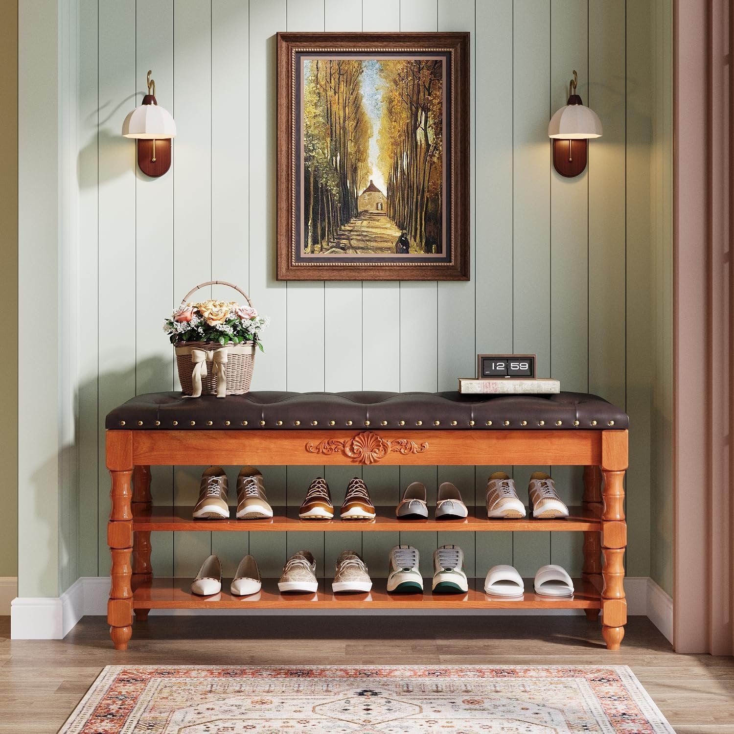 99 cm Massief Houten Schoenenbank met Opklapzitting en Verborgen Opbergruimte, Organizer voor 8–10 Paar Schoenen